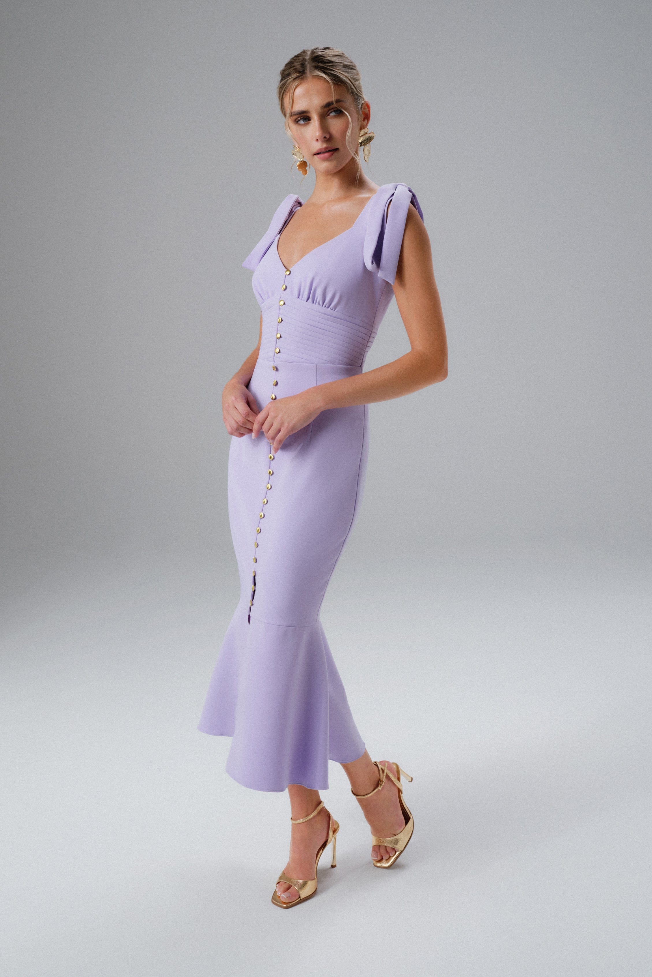 KAMILA Tie Strap Micro Shell Button Midi Dress in Lilac
