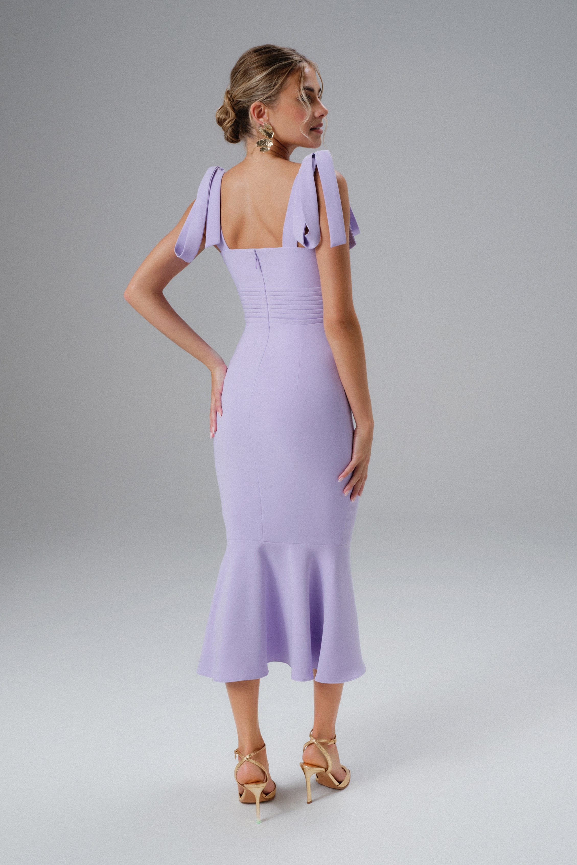 KAMILA Tie Strap Micro Shell Button Midi Dress in Lilac