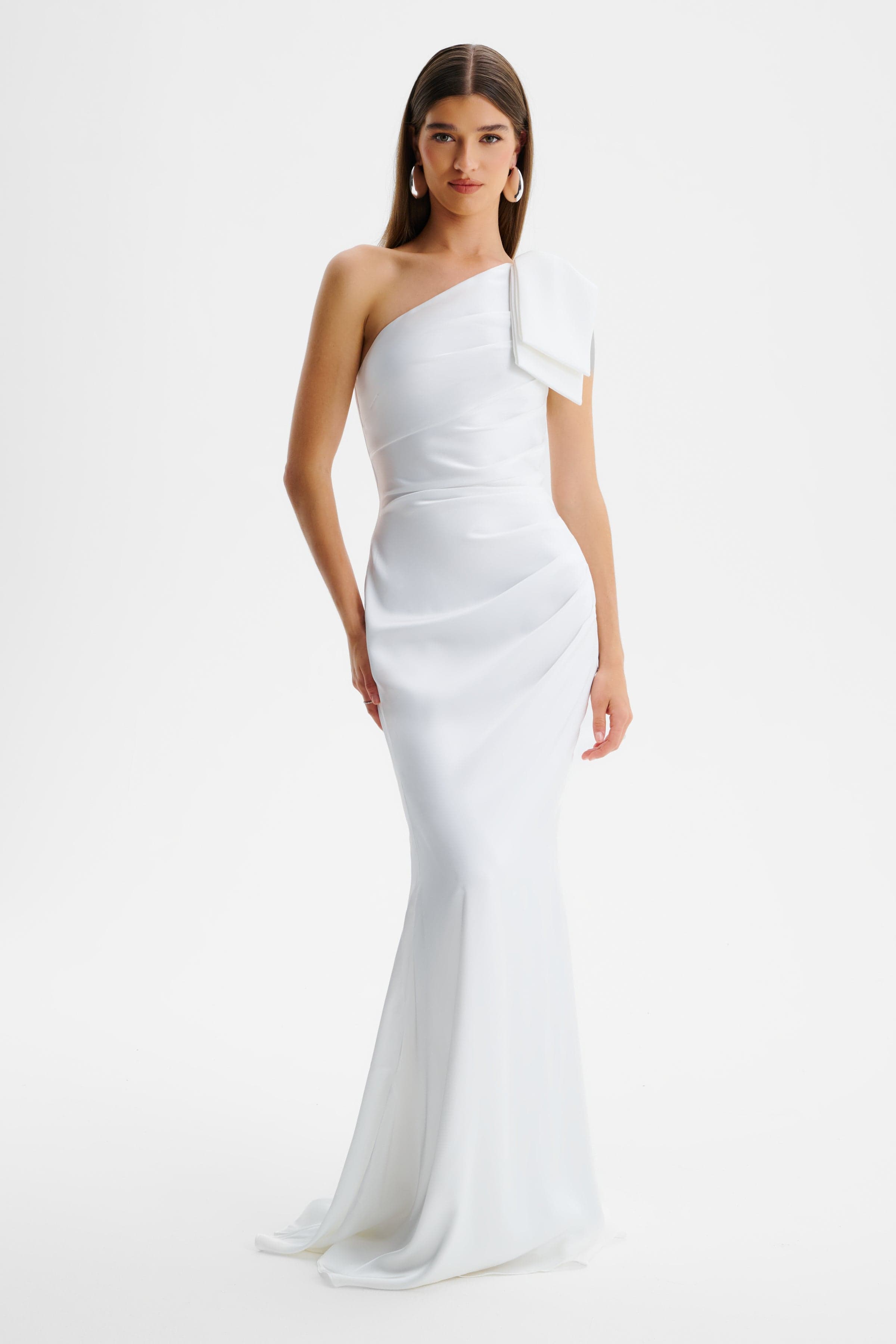 EMELIA One Shoulder Bow Pleated Maxi Dress in White