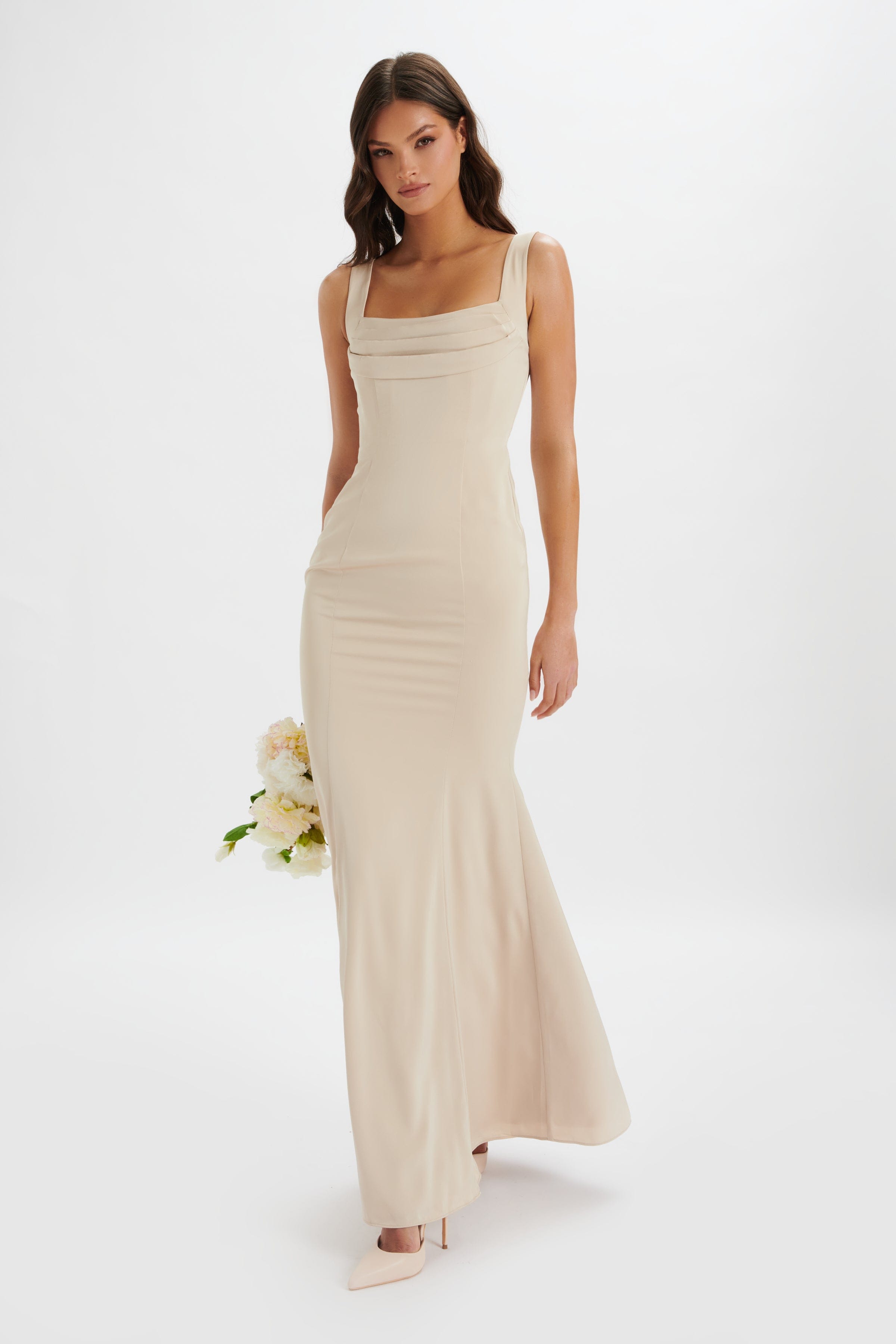 TARA Structured Satin Cowl Front Maxi Dress in Champagne