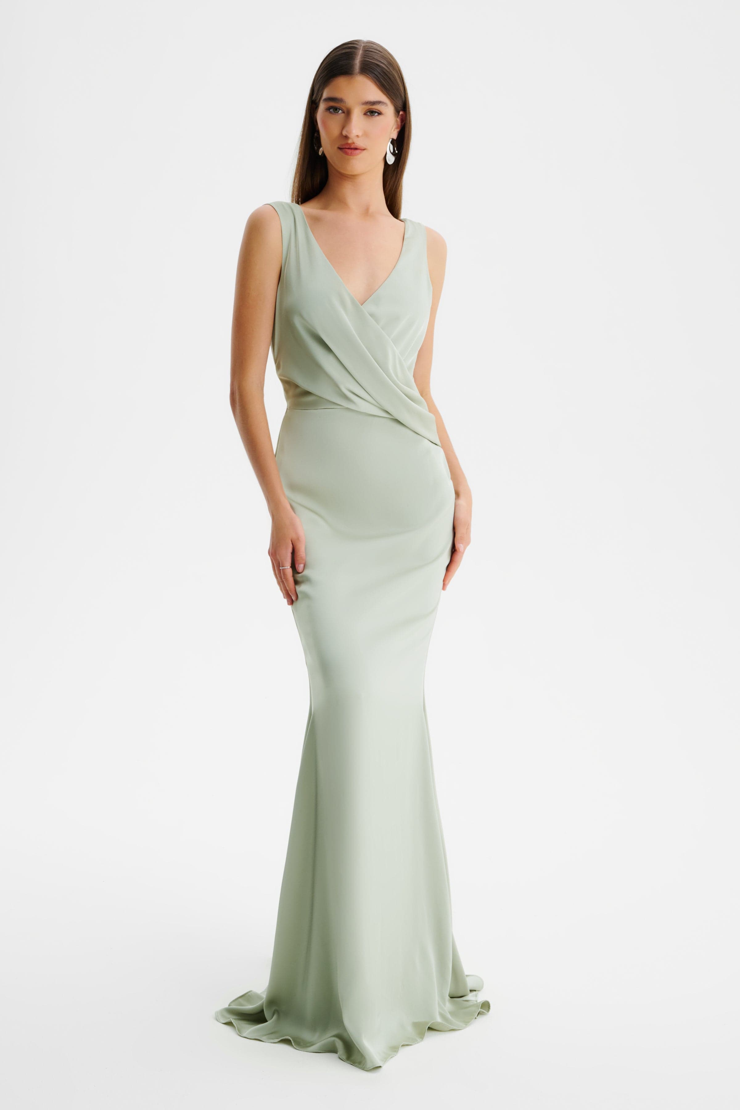 ELLE Draped Wrap Satin Maxi Dress in Sage Green