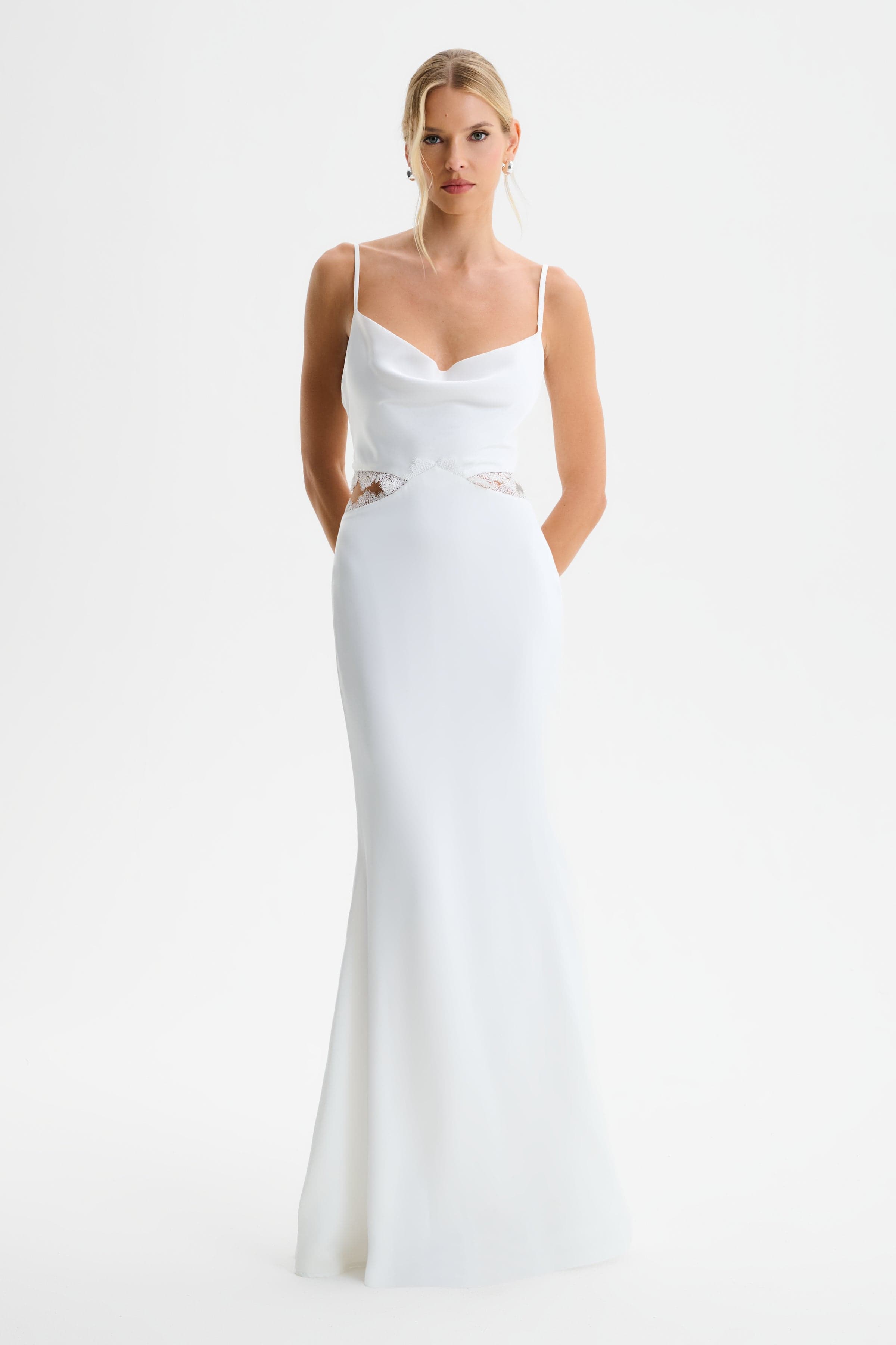 MAY Lace Insert Satin Maxi Dress in White