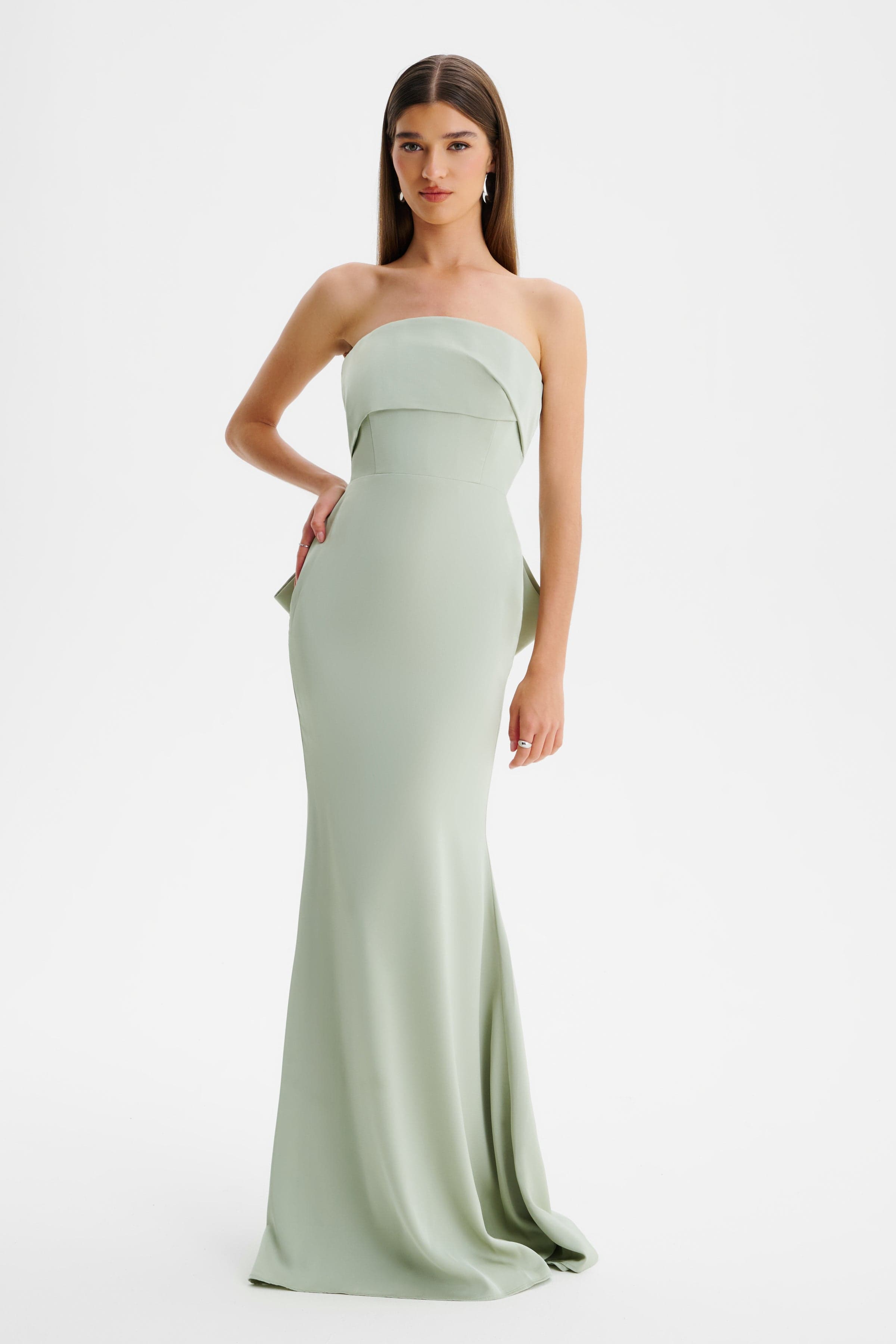 JOVIE Bow Detail Bandeau Satin Maxi Dress in Sage Green