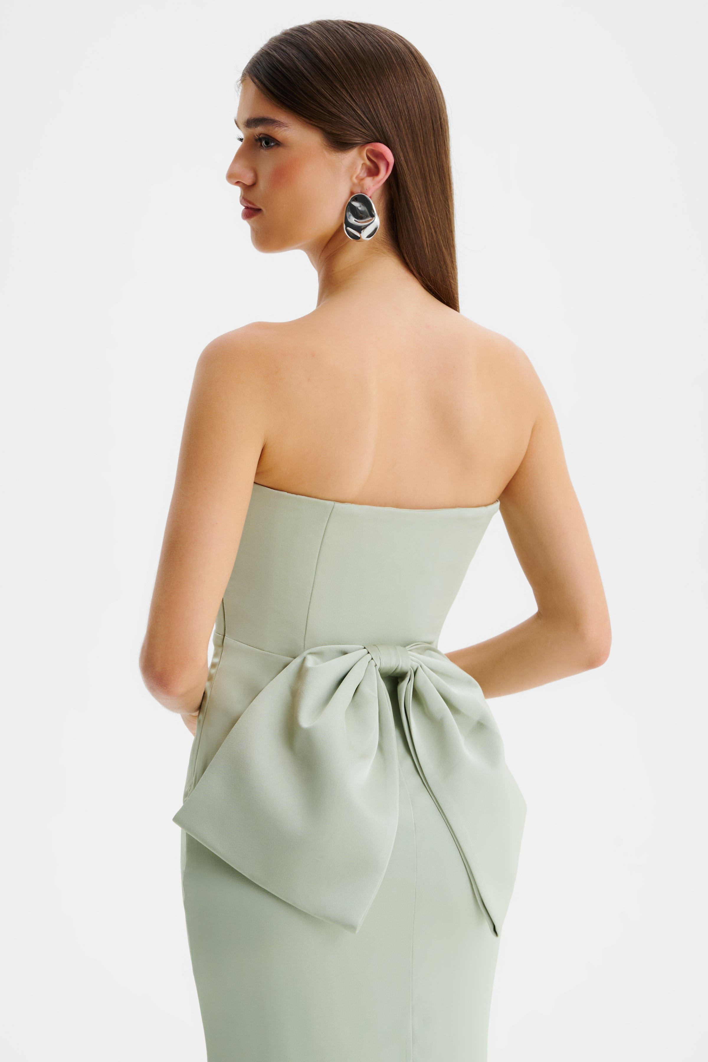 JOVIE Bow Detail Bandeau Satin Maxi Dress in Sage Green