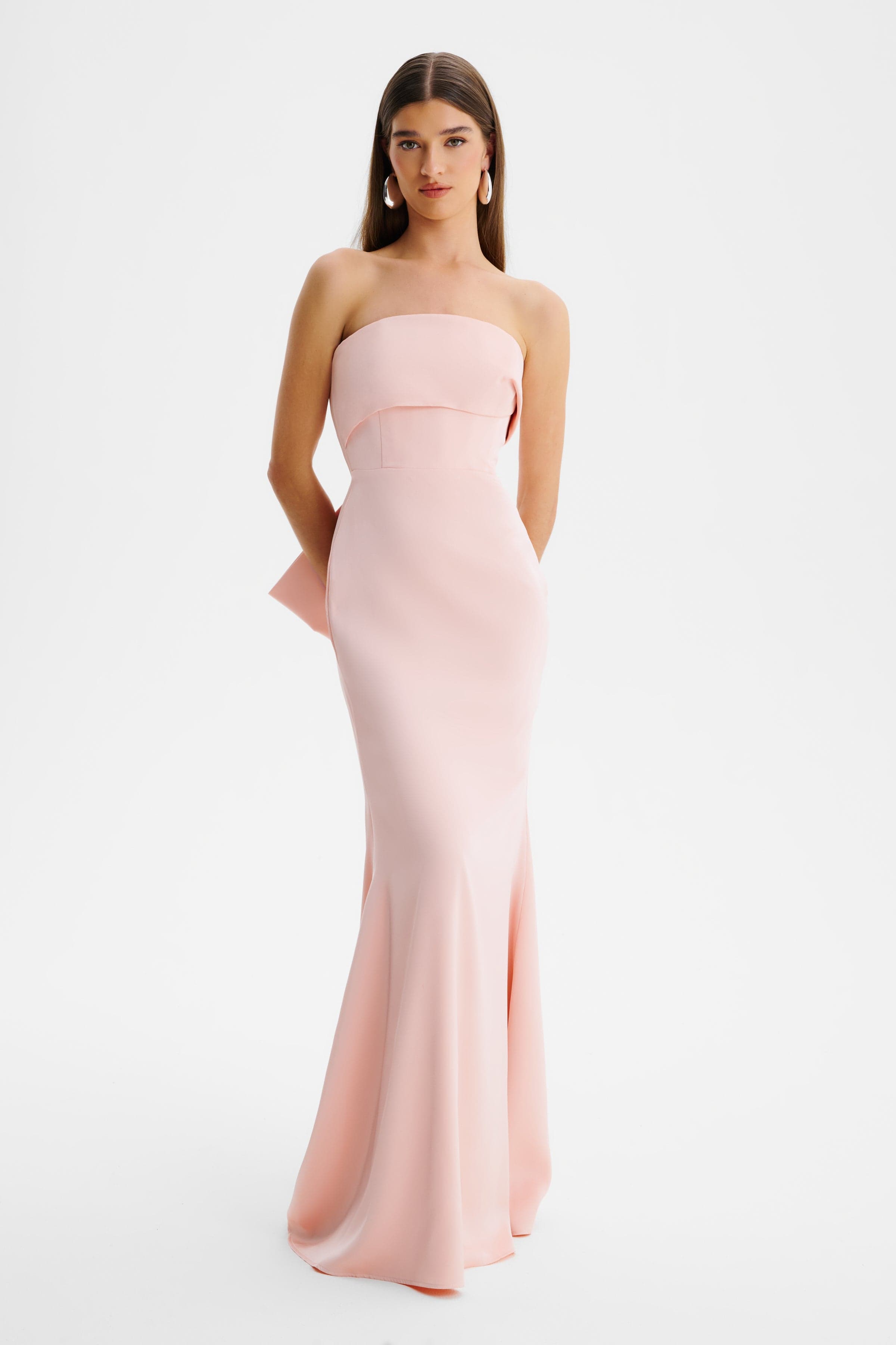 JOVIE Bow Detail Bandeau Satin Maxi Dress in Pink