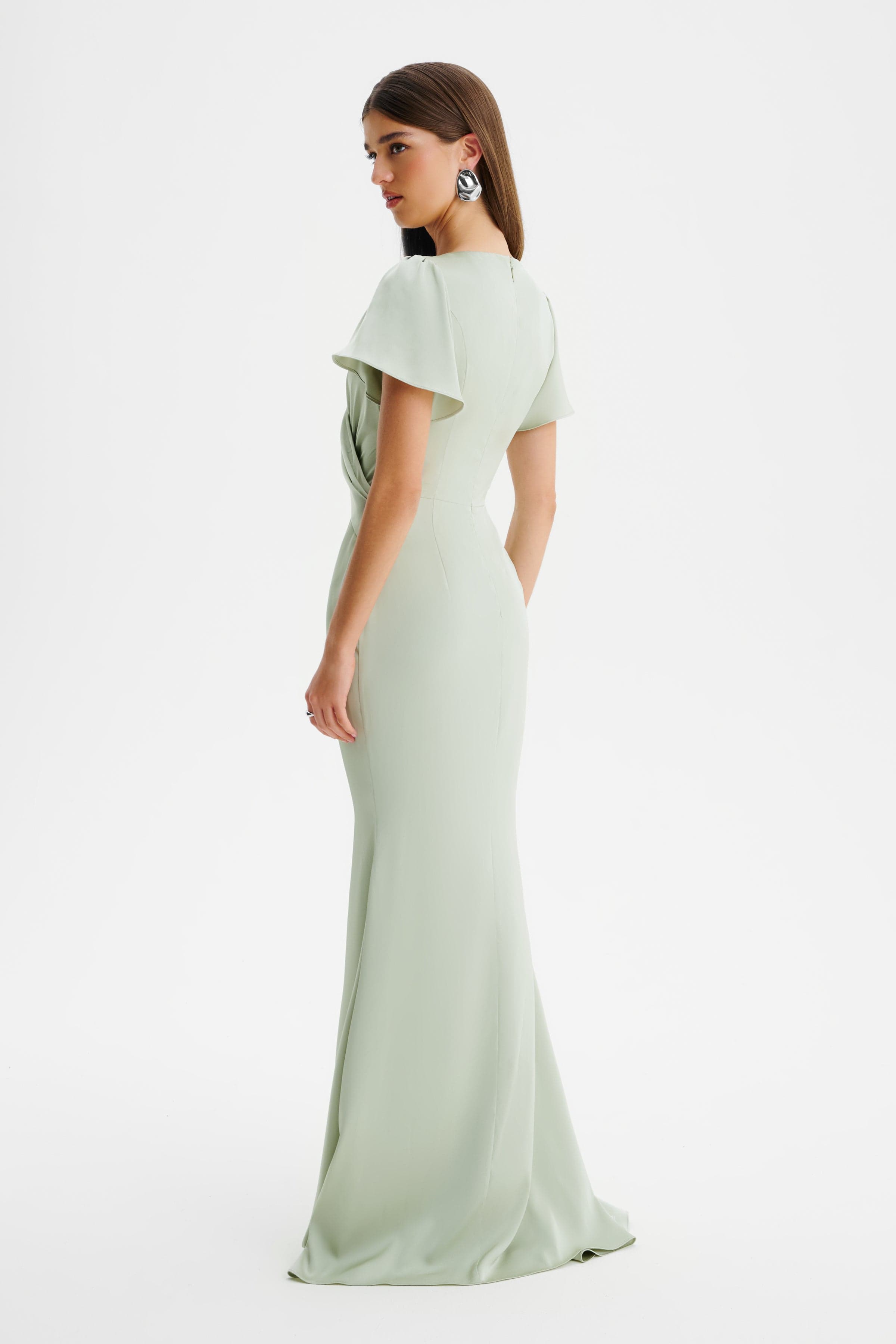 BEAU Draped Wrap Satin Maxi Dress with Sleeves in Sage Green