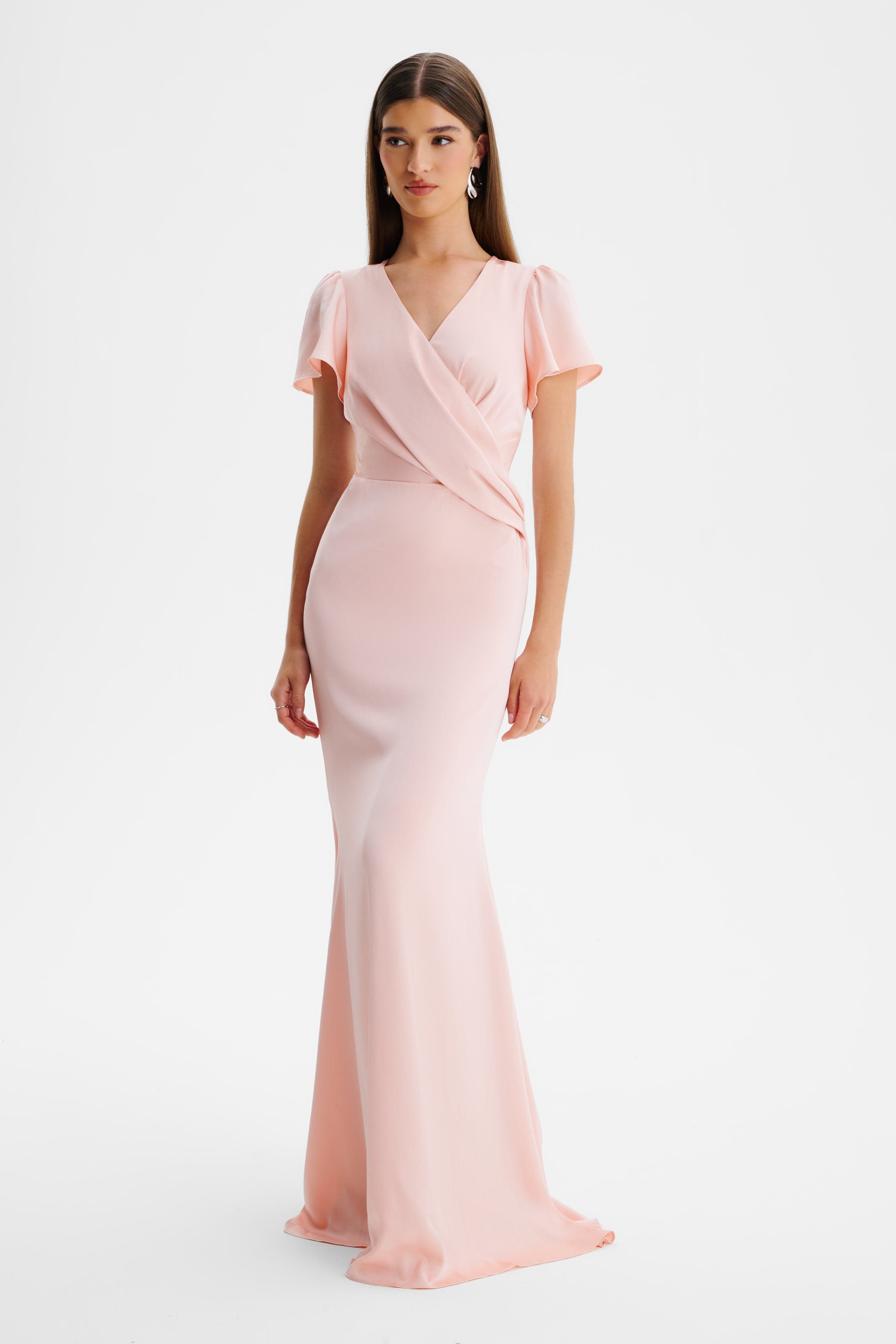 BEAU Draped Wrap Satin Maxi Dress with Sleeves in Pink
