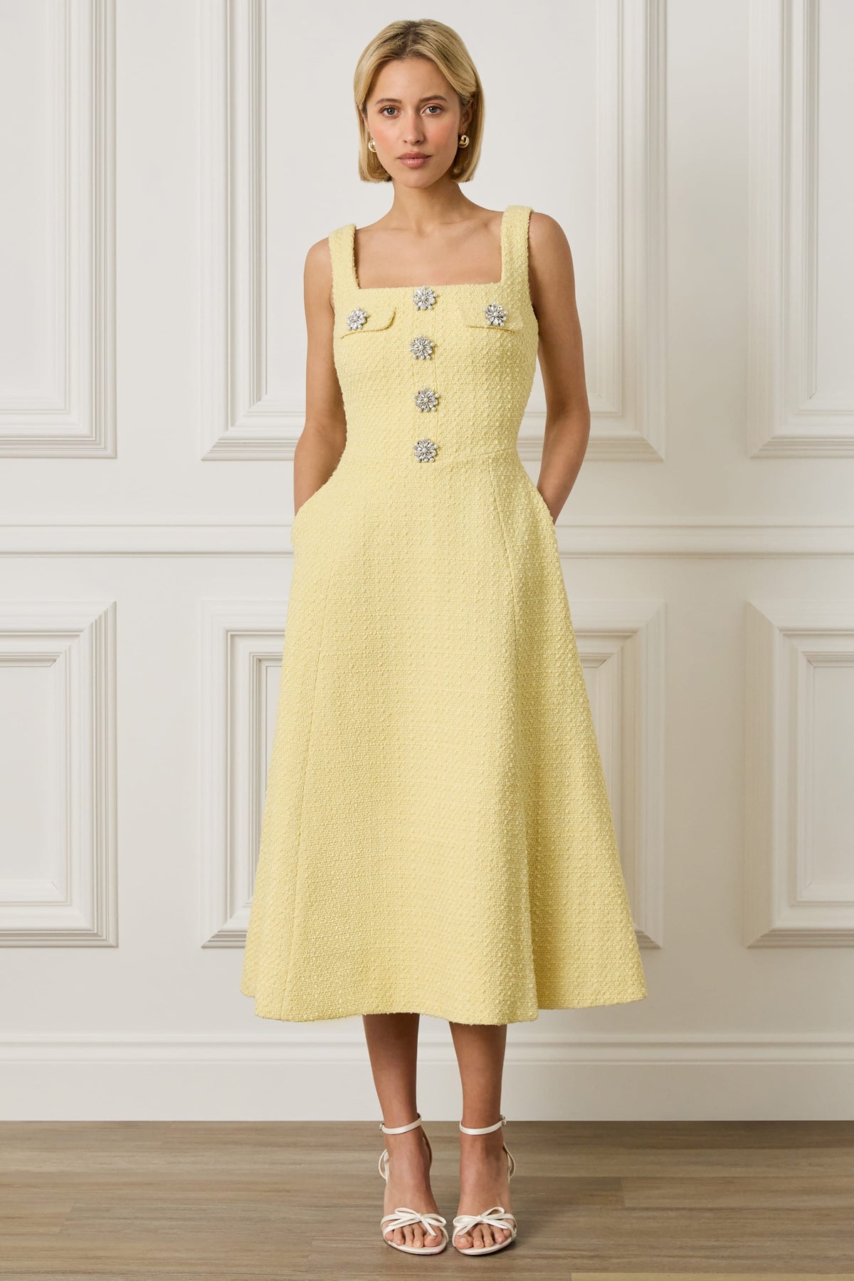 ELLA Embellished Boucle Midi Dress in Yellow