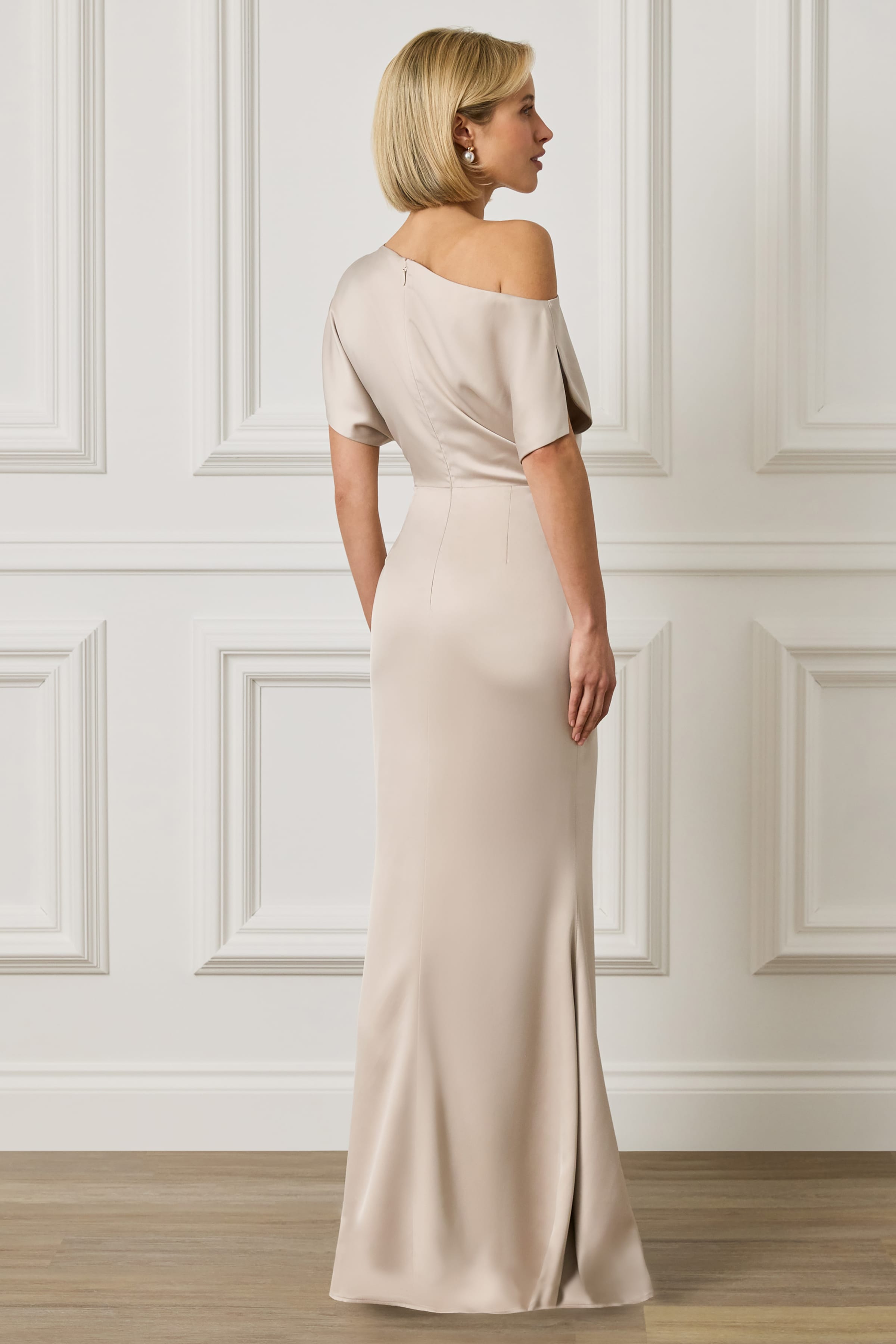 TRINITY Asymmetric Dropped Shoulder Split Sleeve Satin Maxi Dress in Champagne