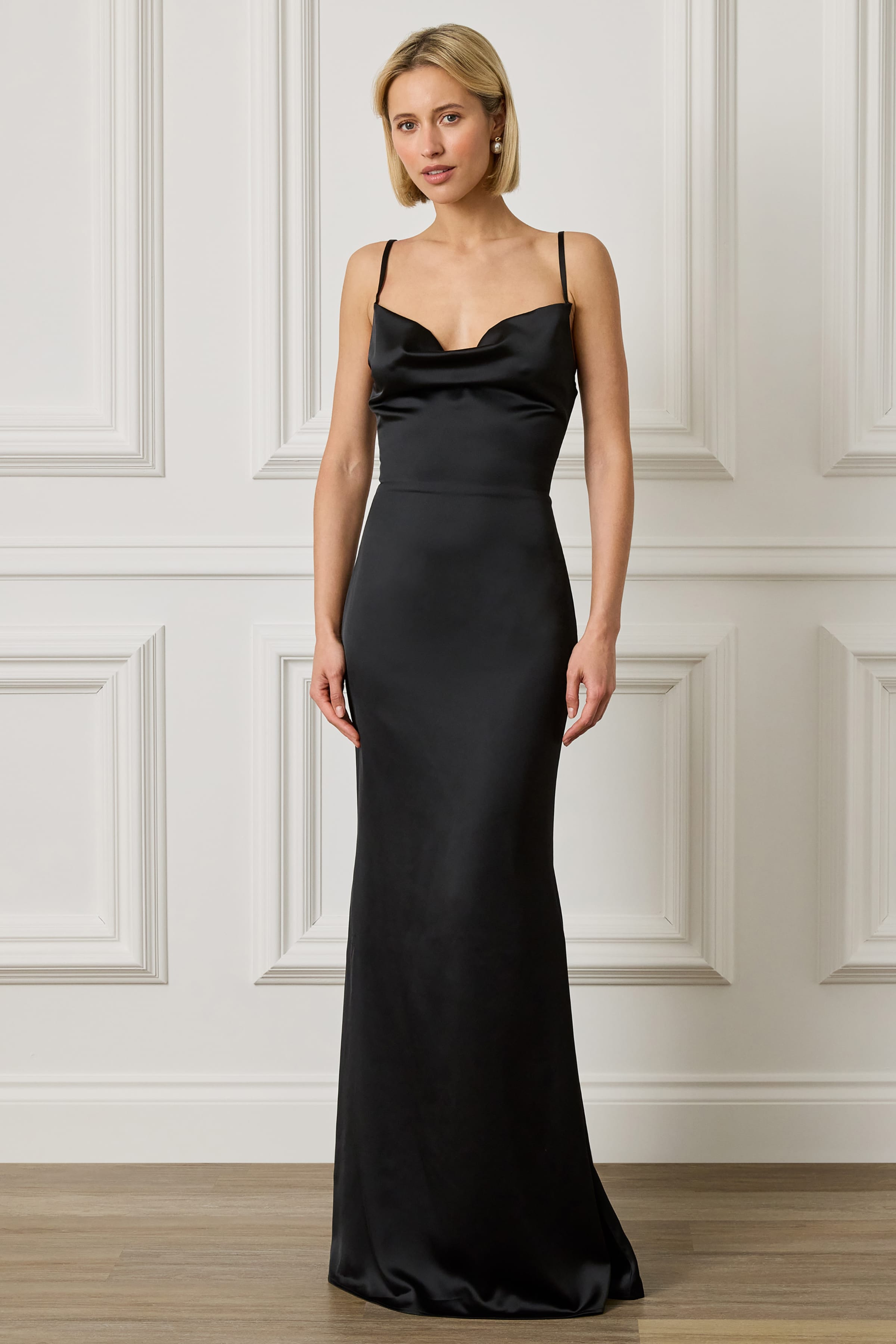 PENNY Satin Cowl Neck Scoop Back Maxi Dress in Black
