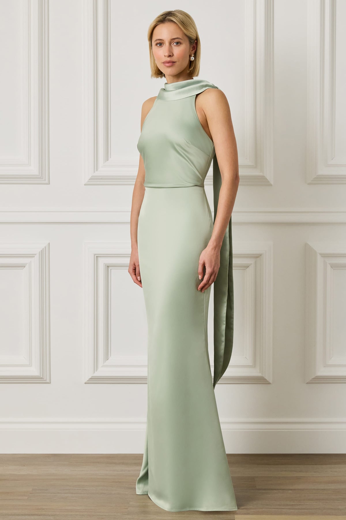LIORA Satin Maxi Dress in Sage