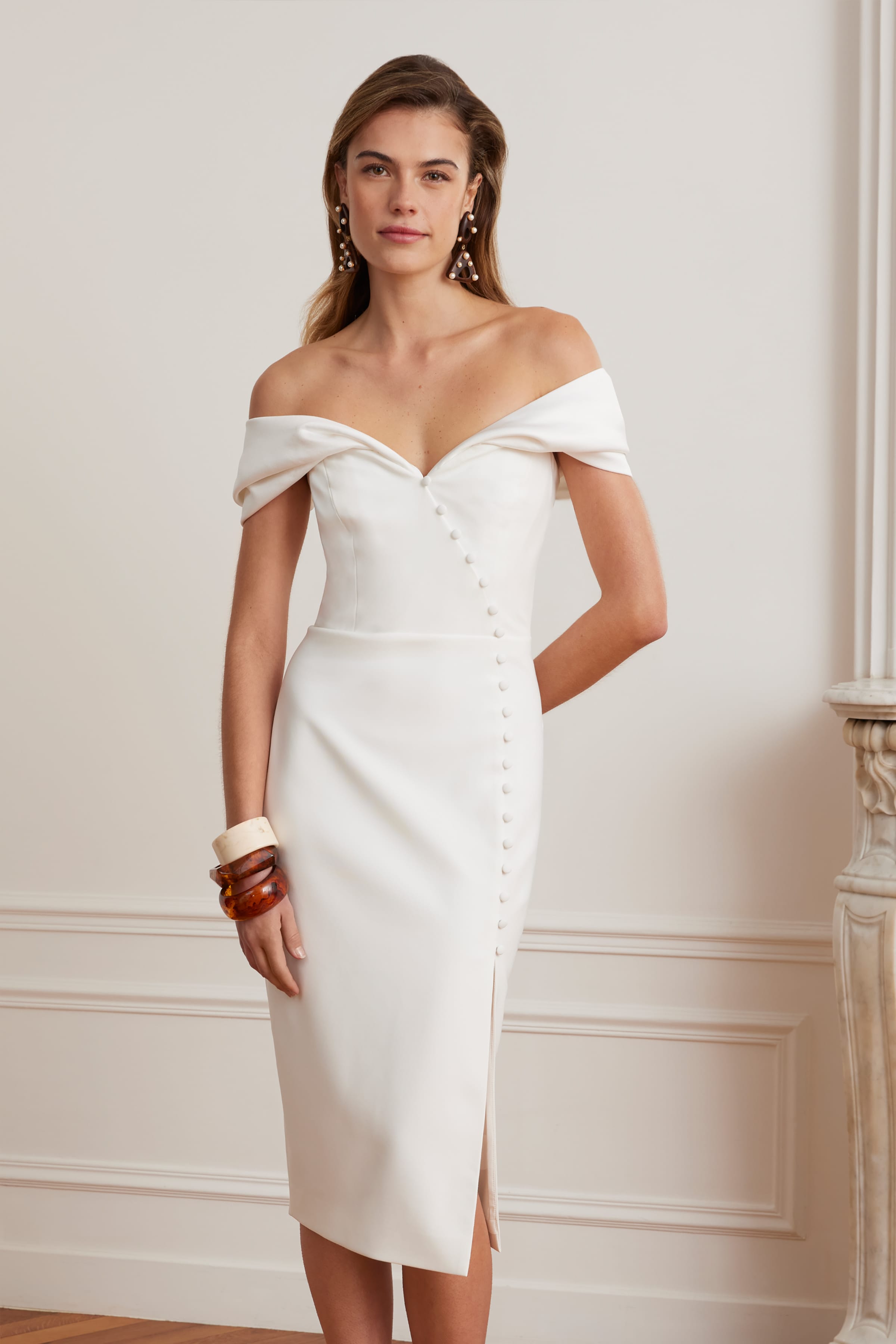 NOELLE Button Detail Midi Dress in White