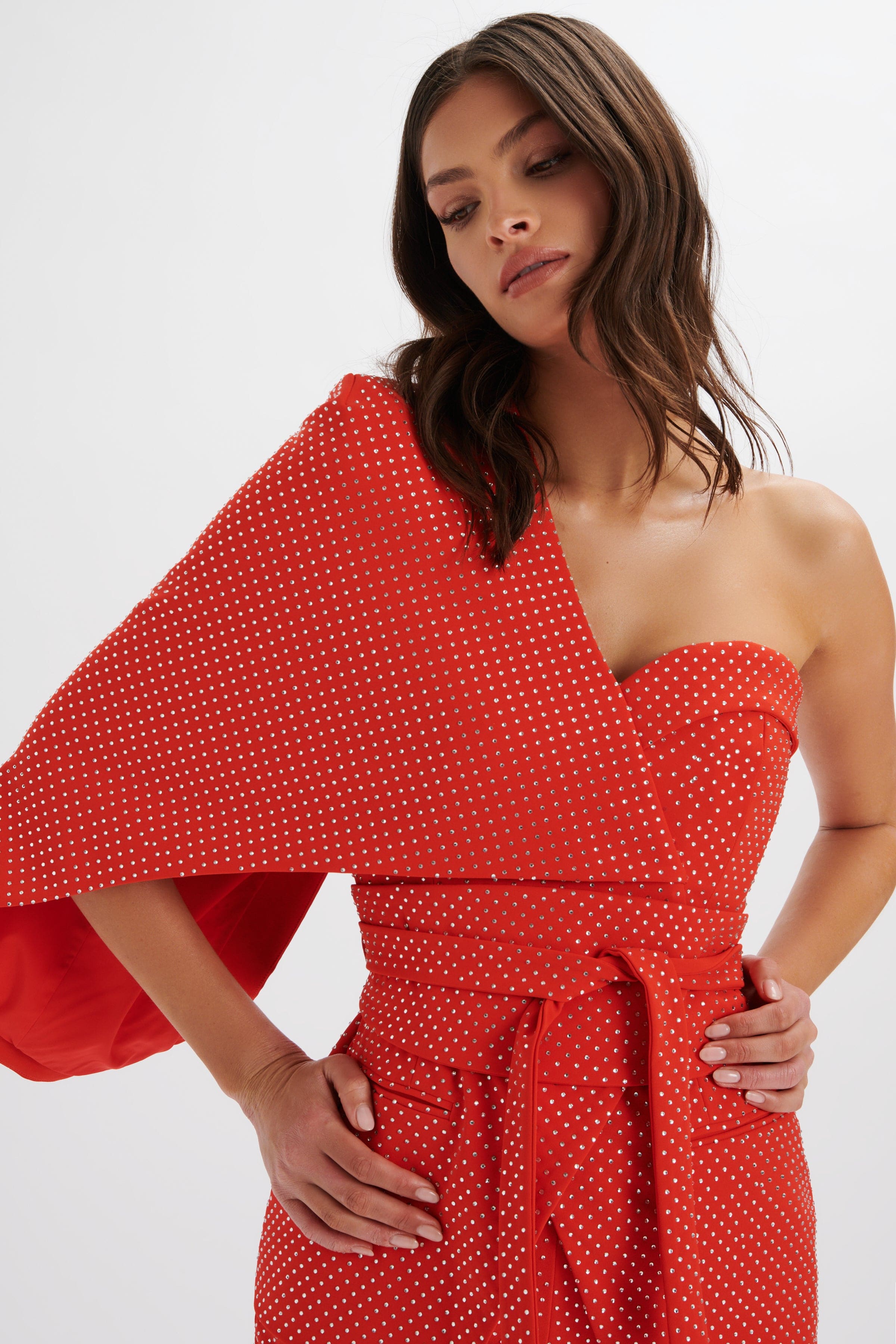 ERIN Crystal Embellished Asymmetric Cape Blazer in Red