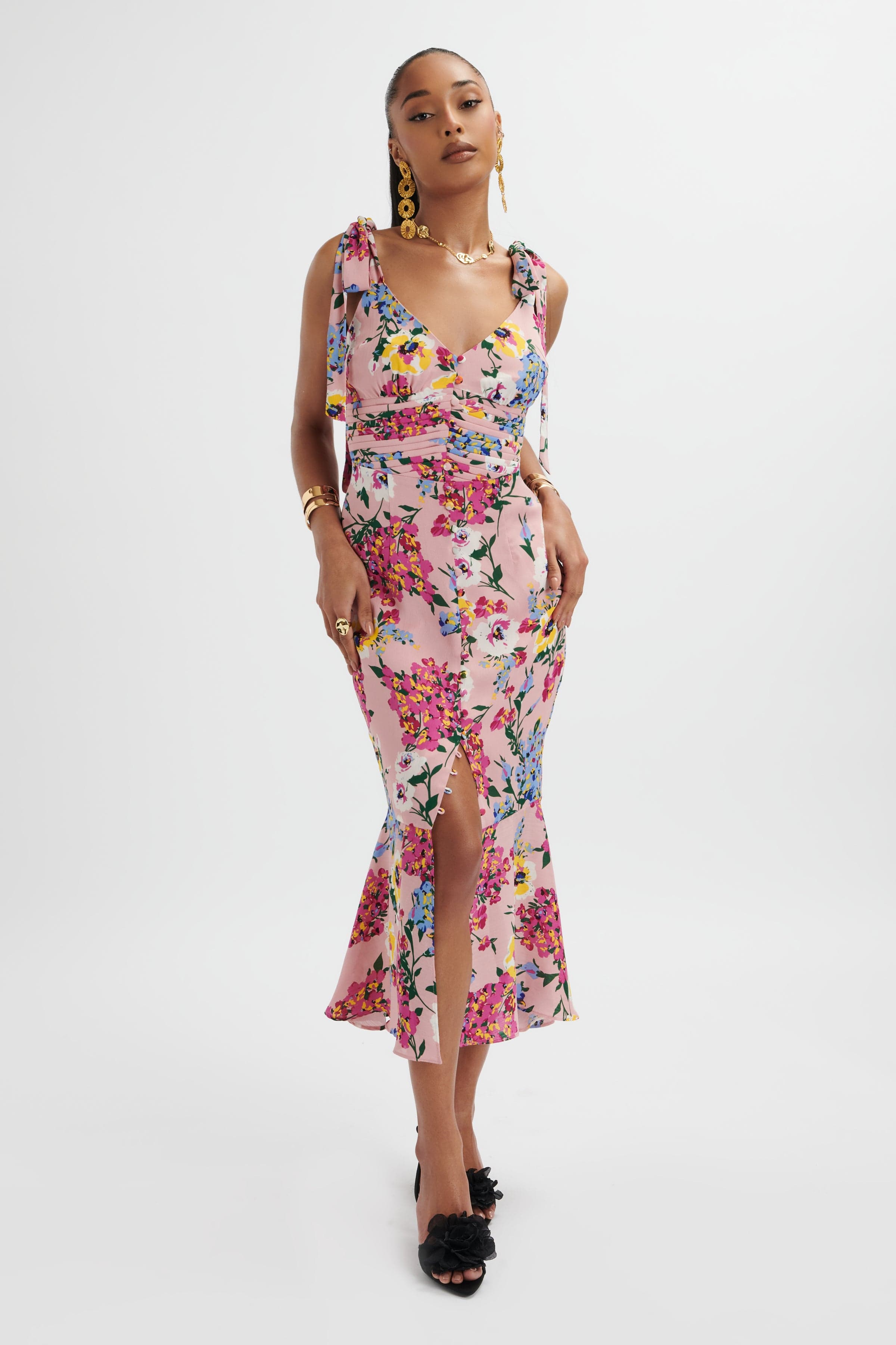 KAMILA Tie Strap Micro Button Longline Midi Dress In Pink Floral Satin