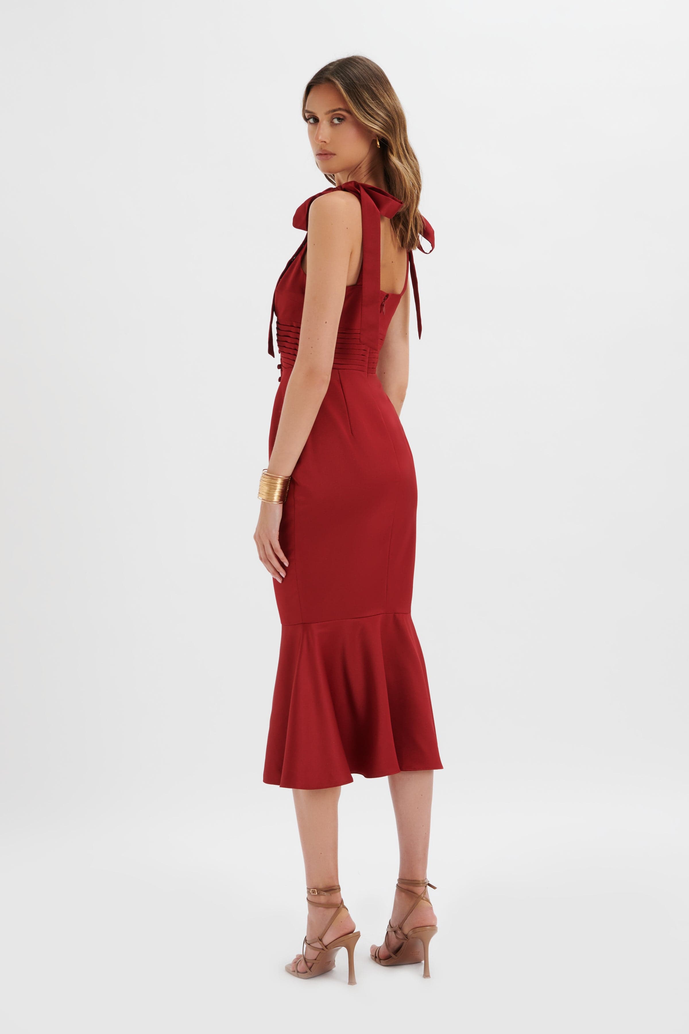KAMILA Tie Strap Micro Button Satin Midi Dress in Burgundy