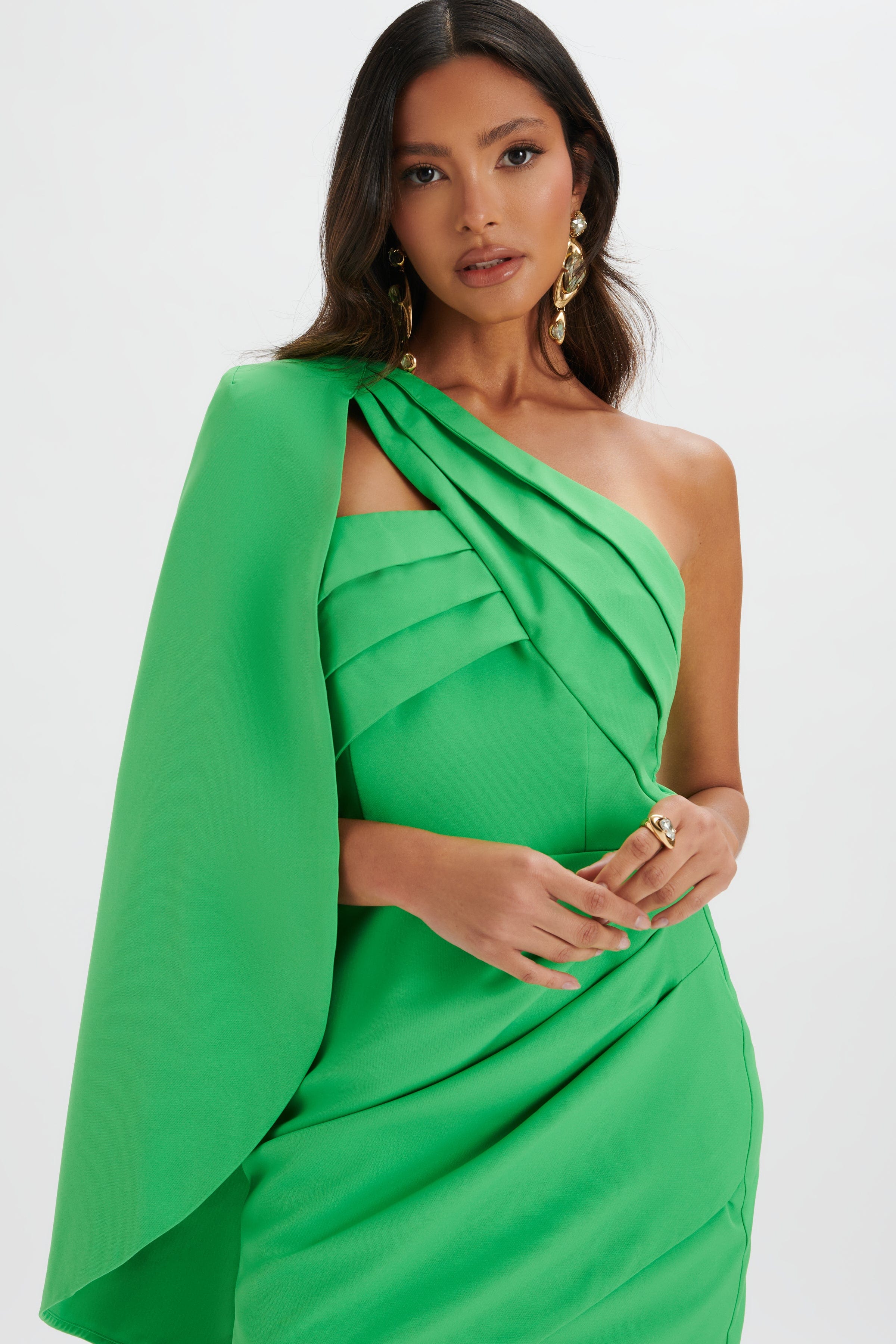 CHARLOTTE Pleated Cape Mini Dress In Green