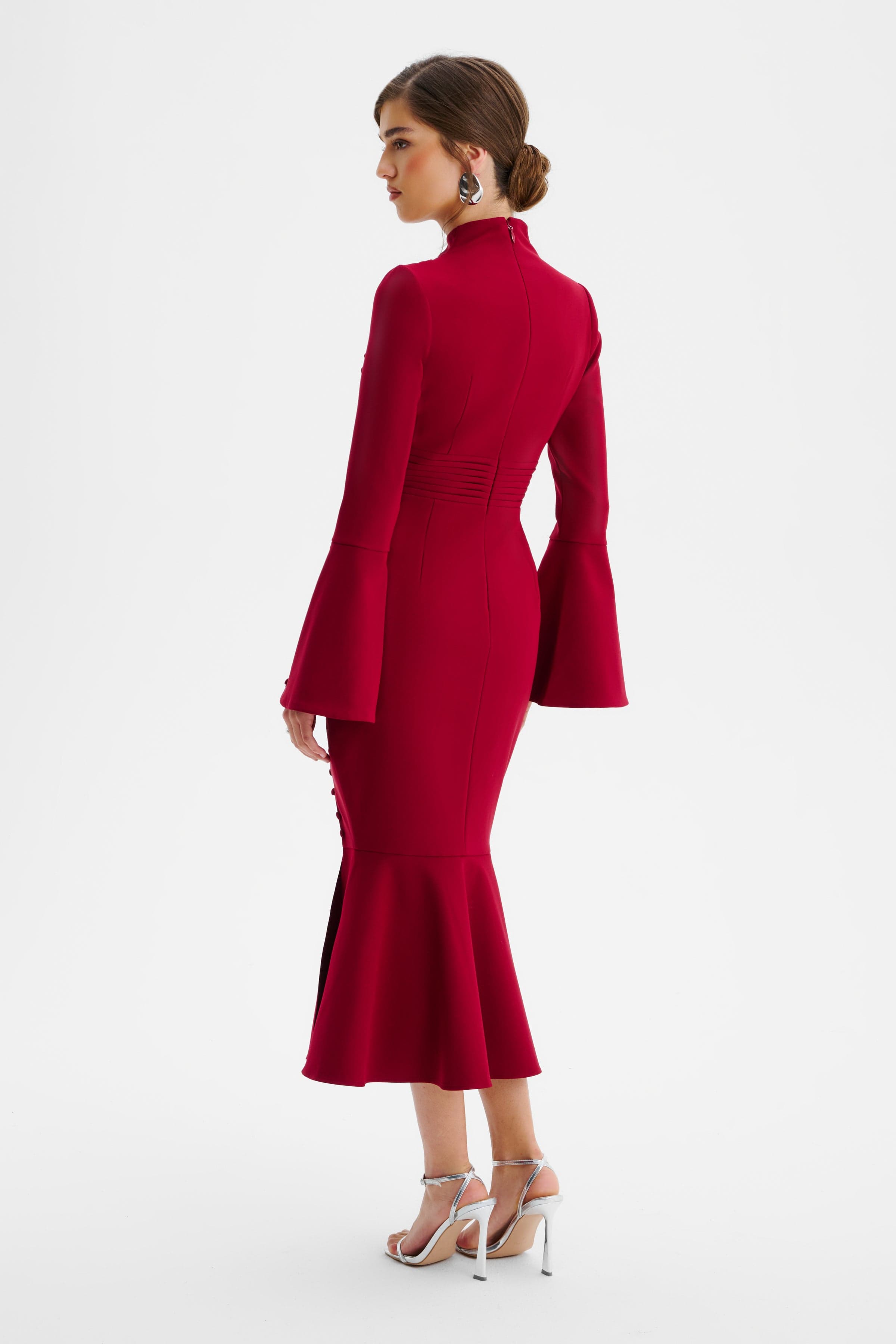 AUBREY High Neck Fluted Sleeve Micro Button Midi Dress in Burgundy