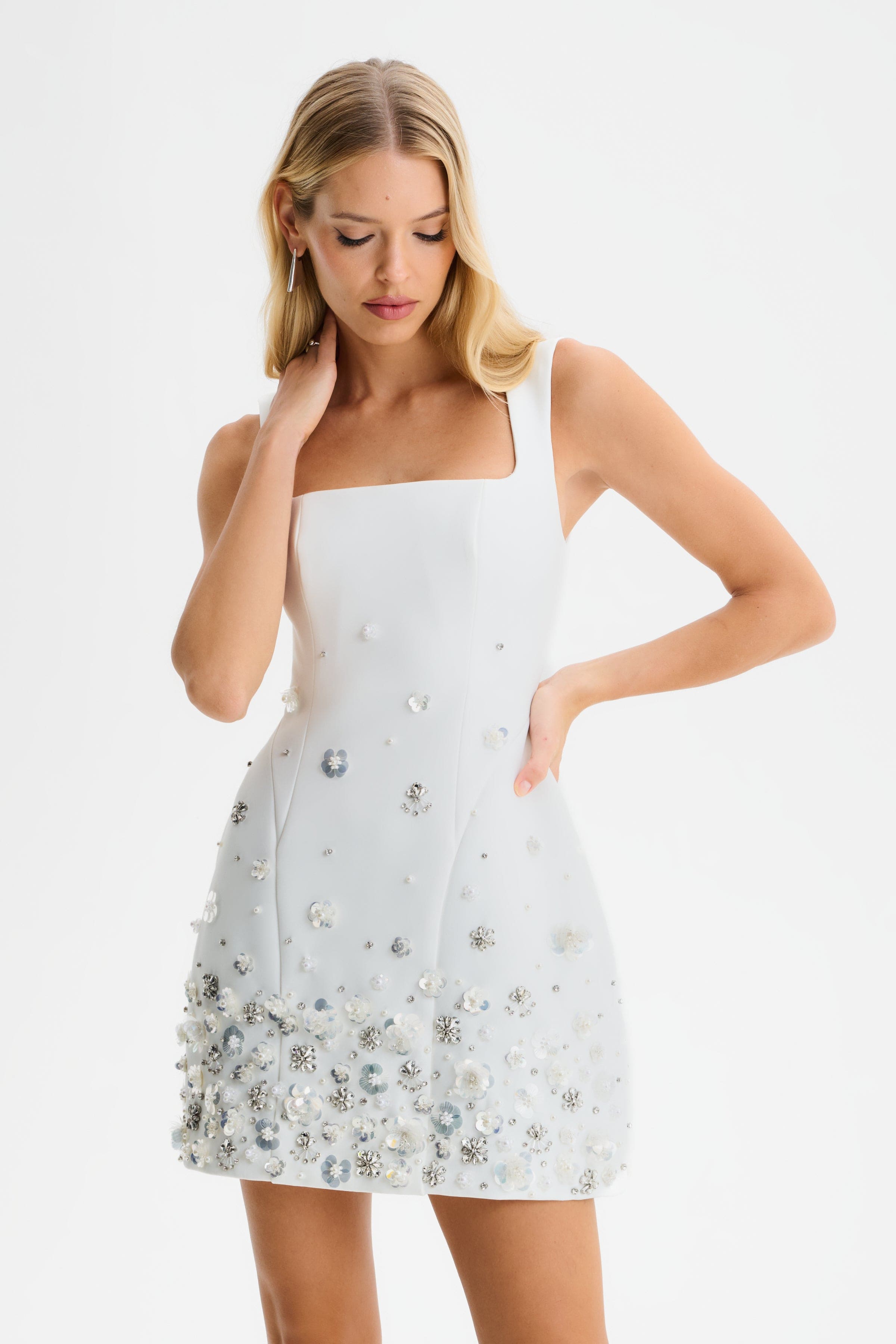 AURELIA Ombre Embellished Square Neck Tulip Mini Dress in White