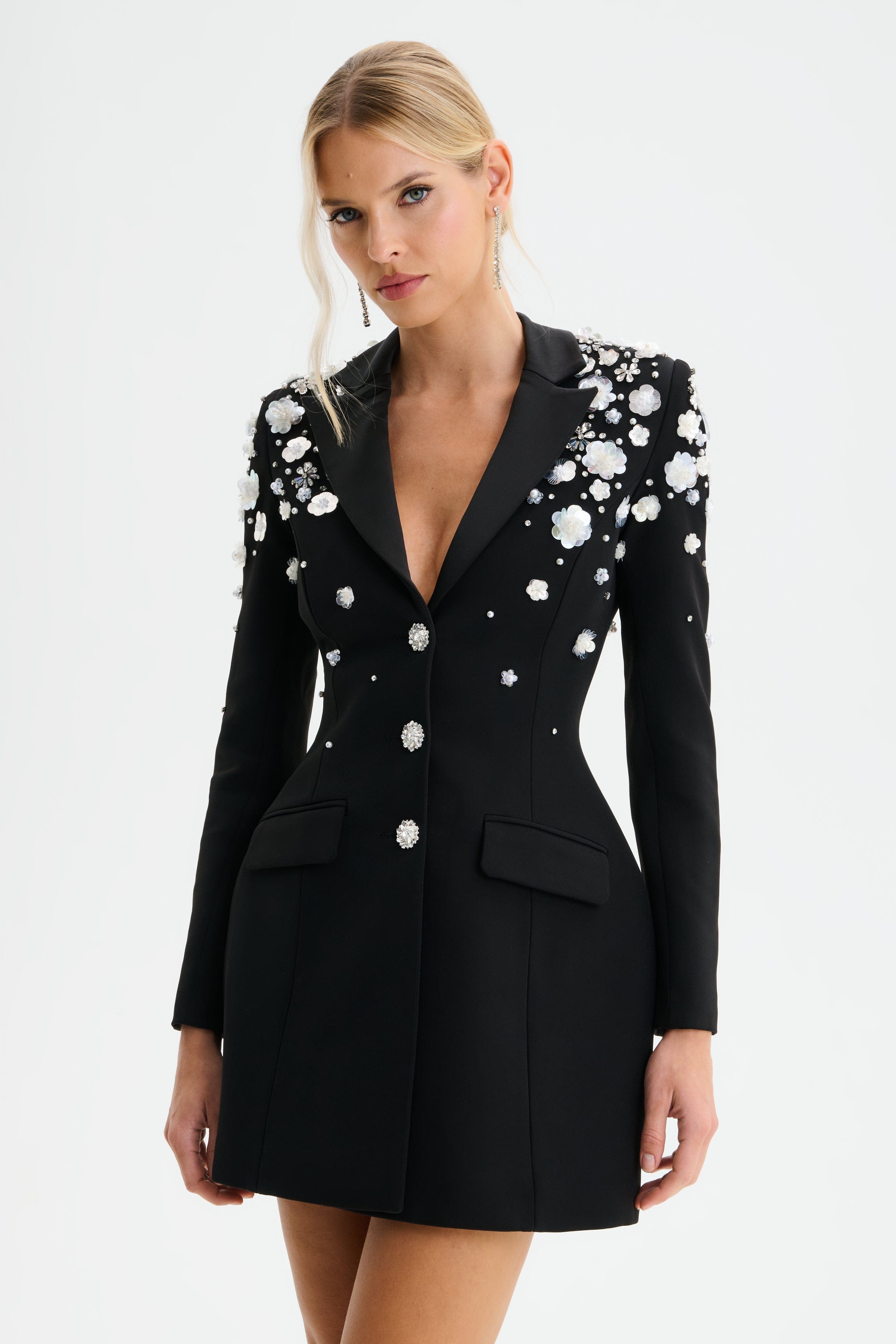 LOLA Ombre Embellished Hourglass Structured Blazer Mini Dress in Black