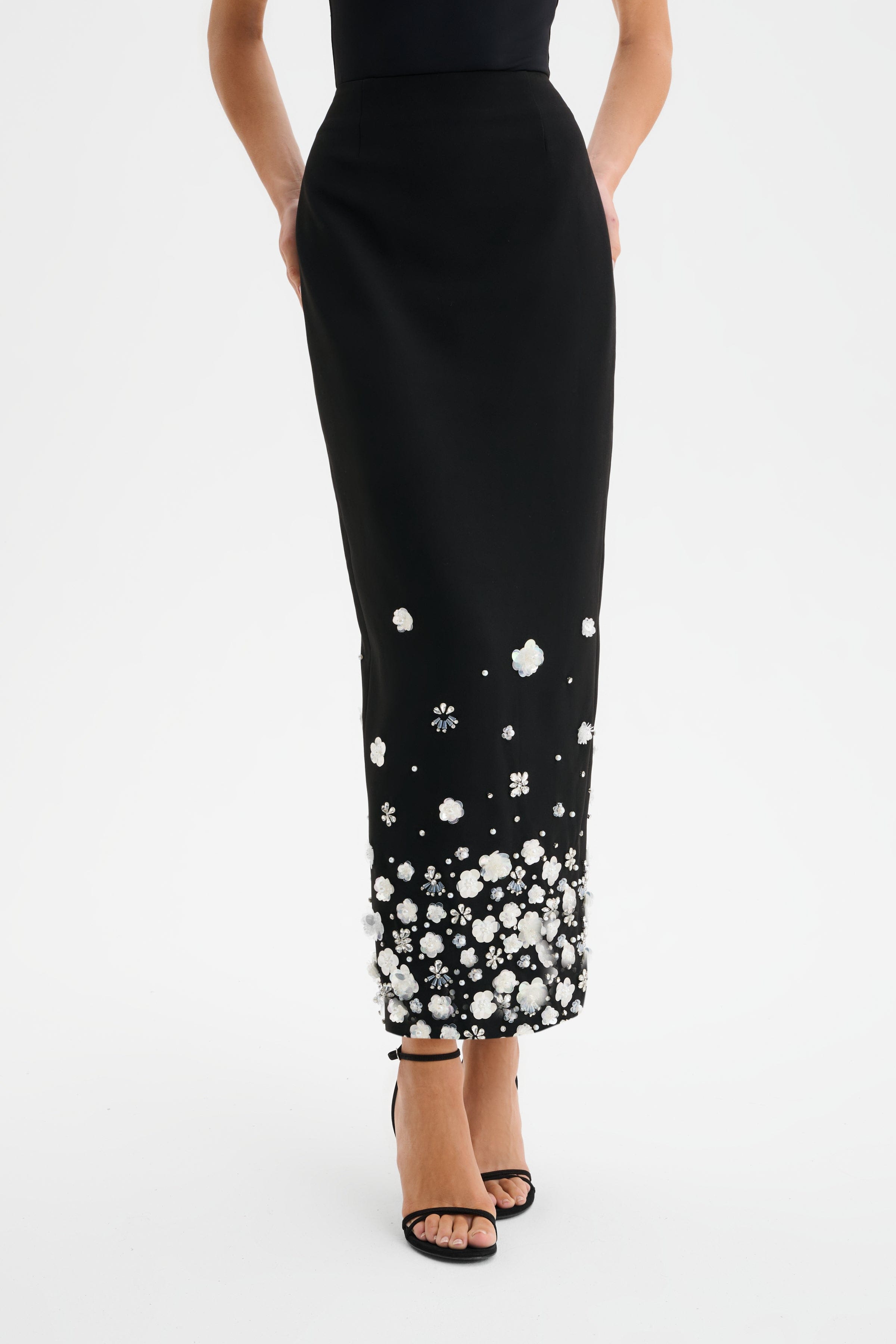 ELARA Ombre Embellished Maxi Skirt in Black