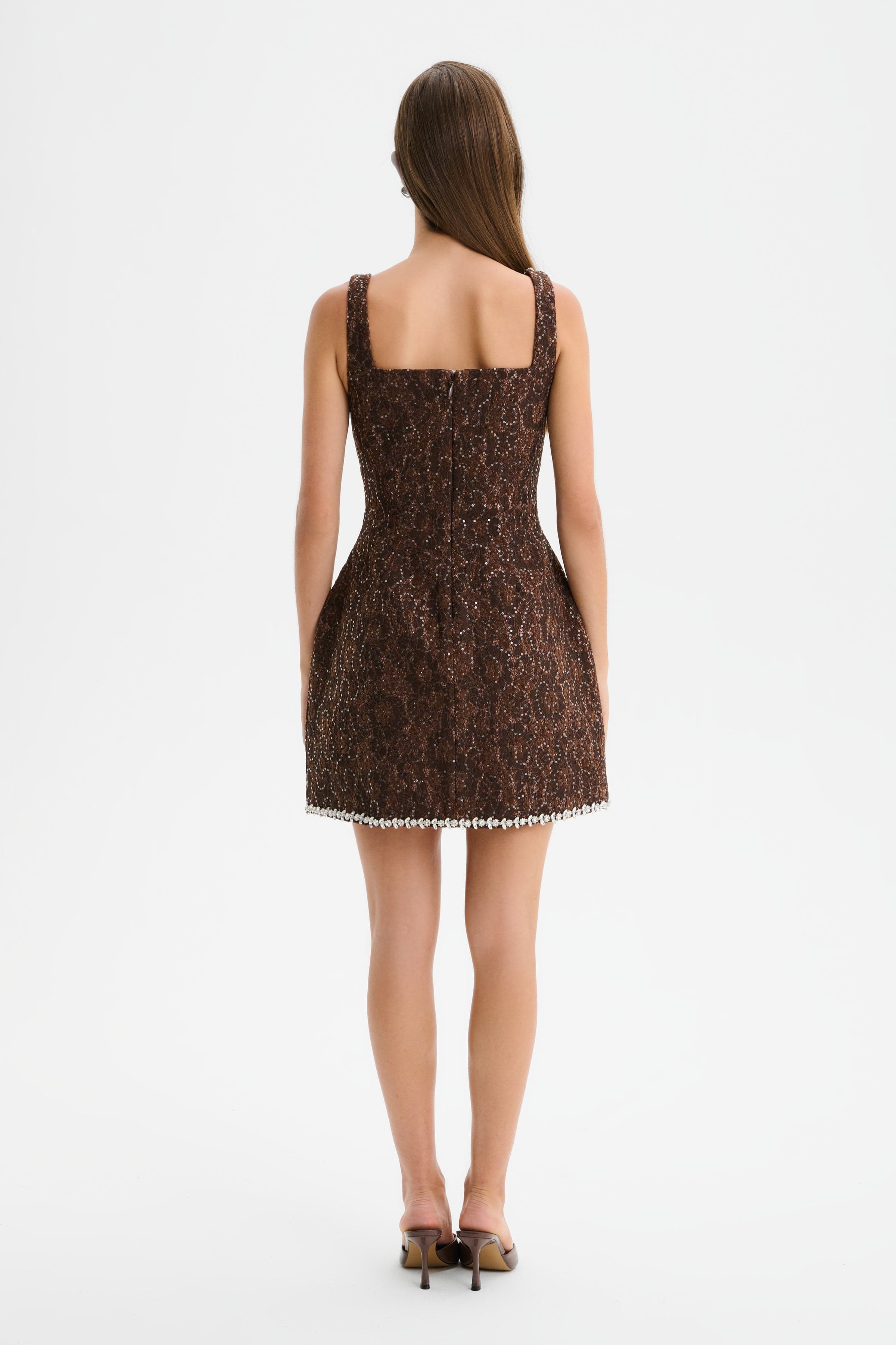 ZOEY Embellished Lace Boucle Tulip Mini Dress in Chocolate