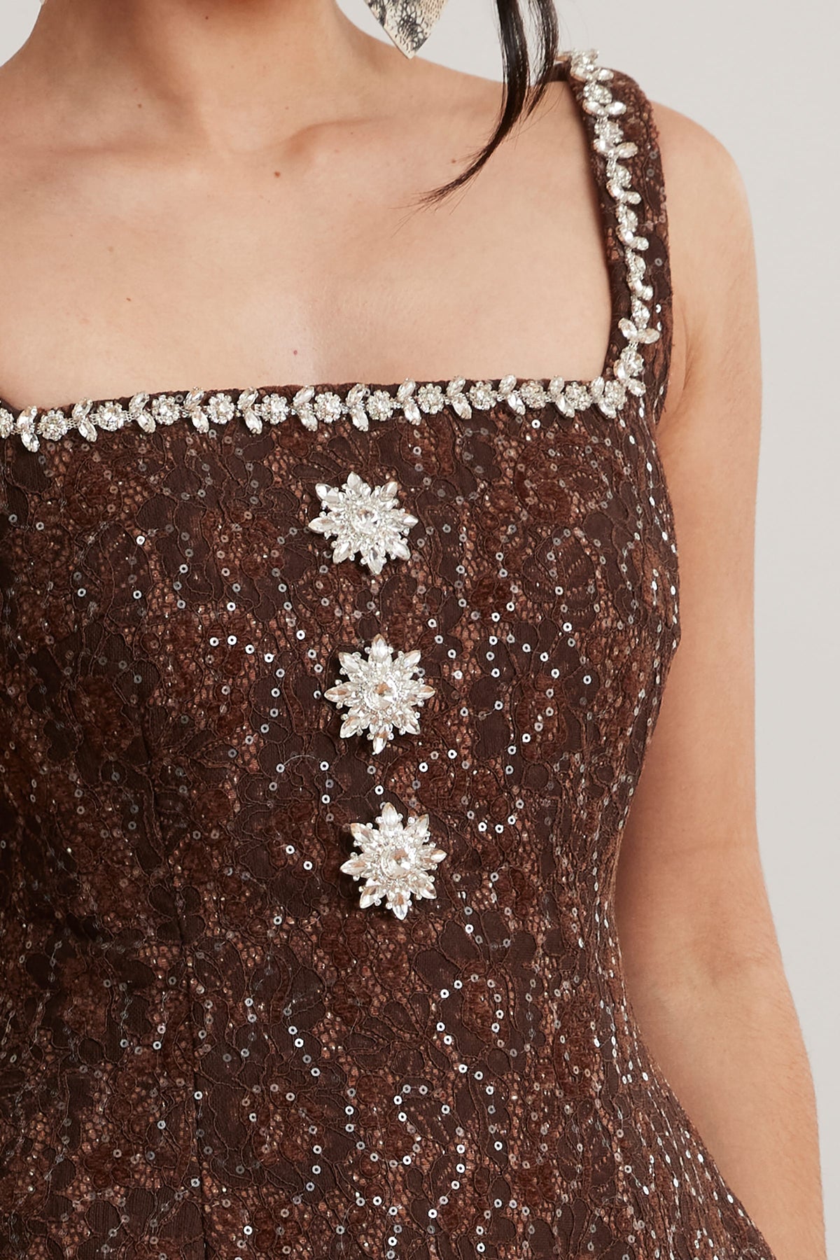 ZOEY Embellished Boucle Mini Dress in Chocolate