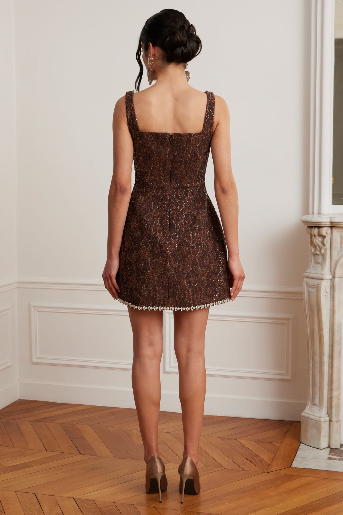 ZOEY Embellished Boucle Mini Dress in Chocolate