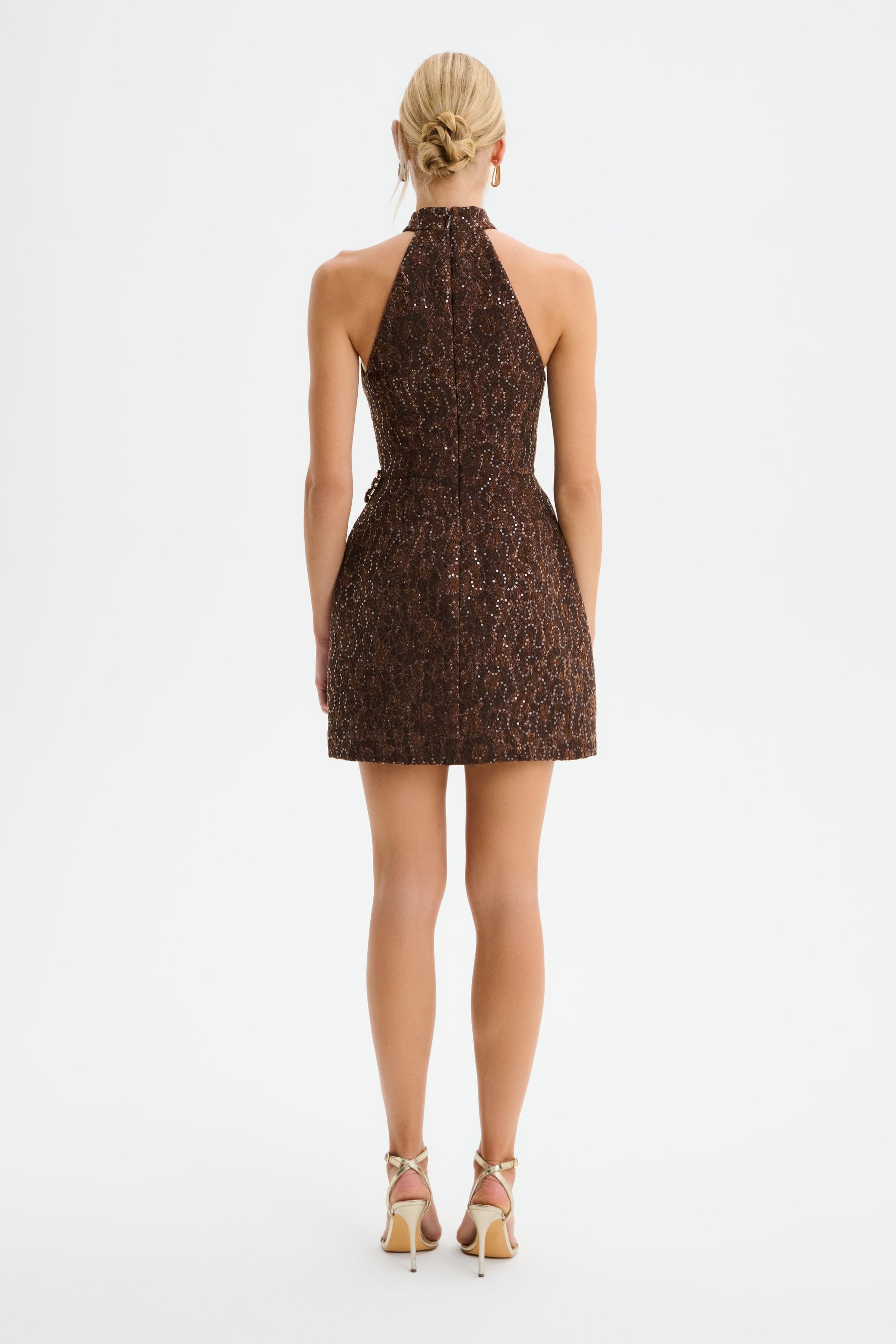 DARCIE Lace Boucle High Neck Tulip Mini Dress in Chocolate