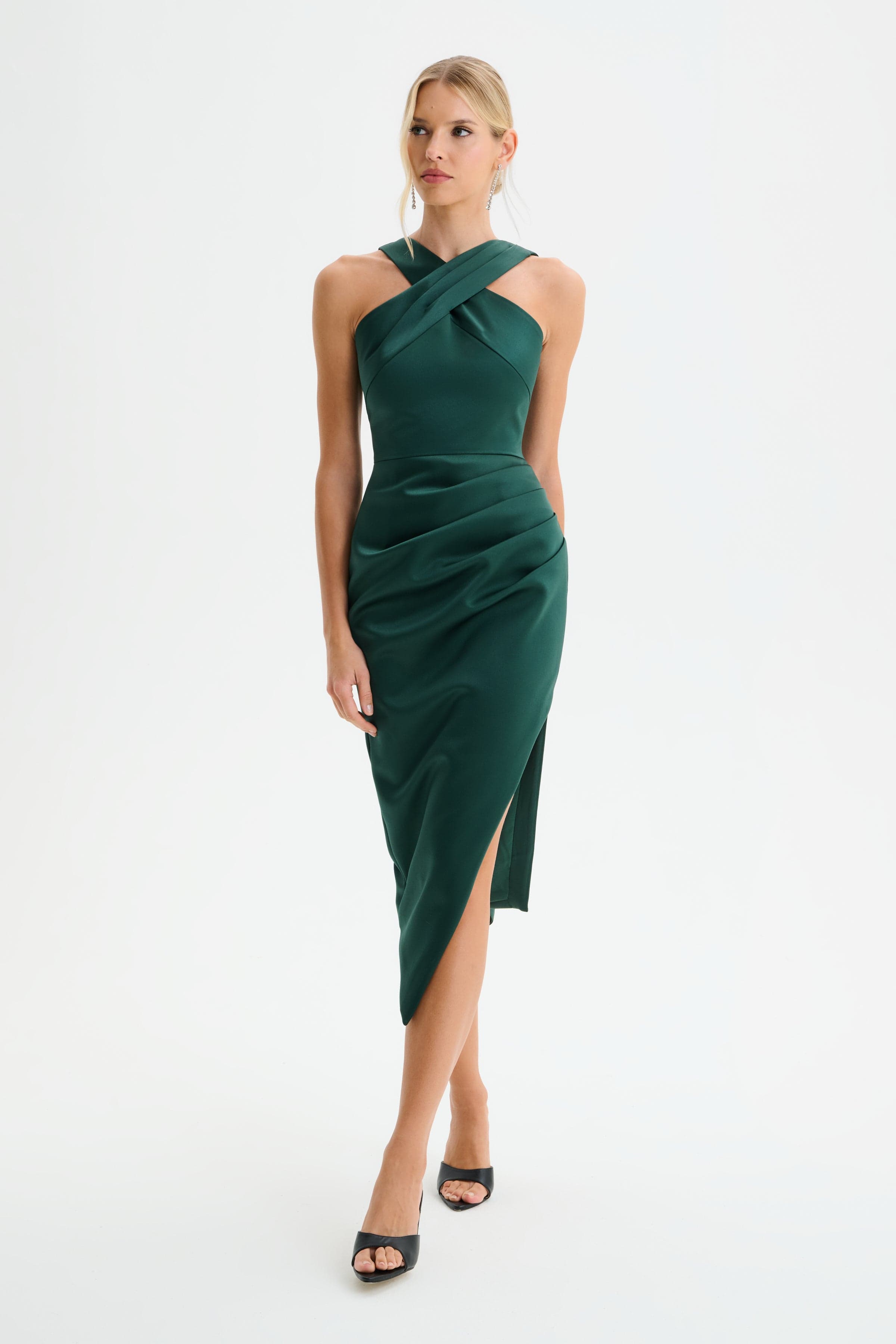 ROSE Cross Neck Bonded Satin Midi Dress with Drape in Emerald