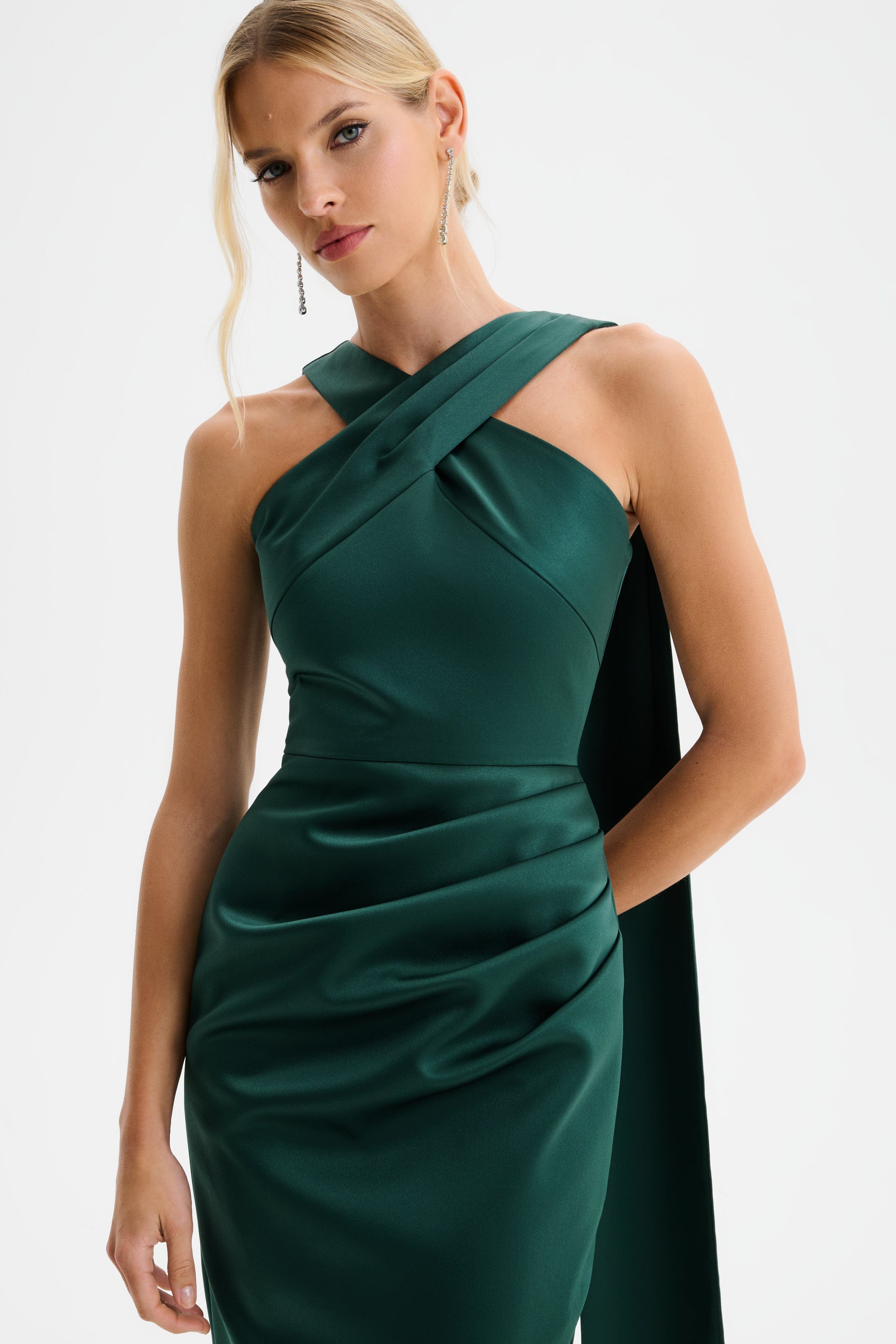 ROSE Cross Neck Bonded Satin Midi Dress with Drape in Emerald