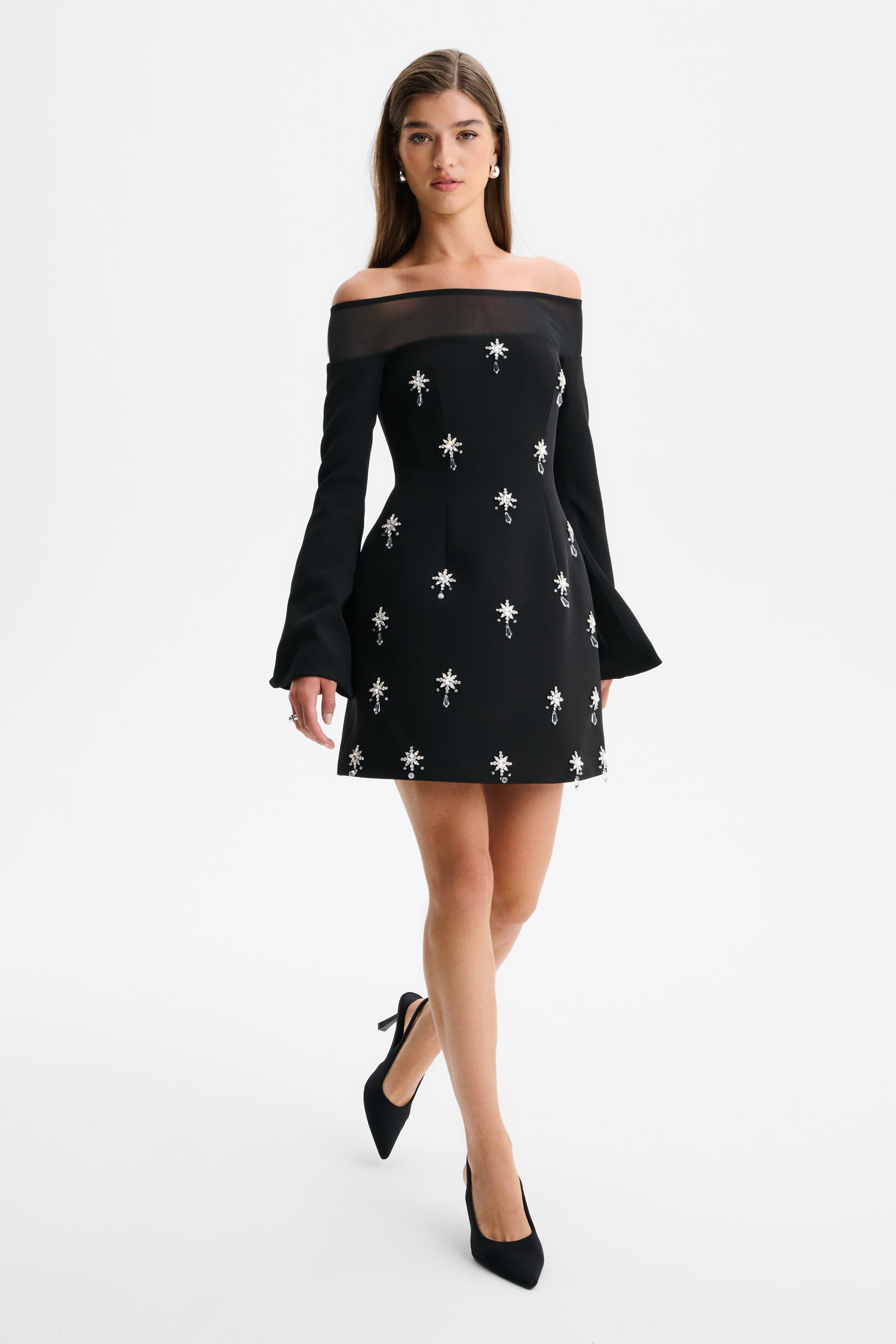 YASMIN Off Shoulder Embellished Tulip Dress with Sheer Detail in Black