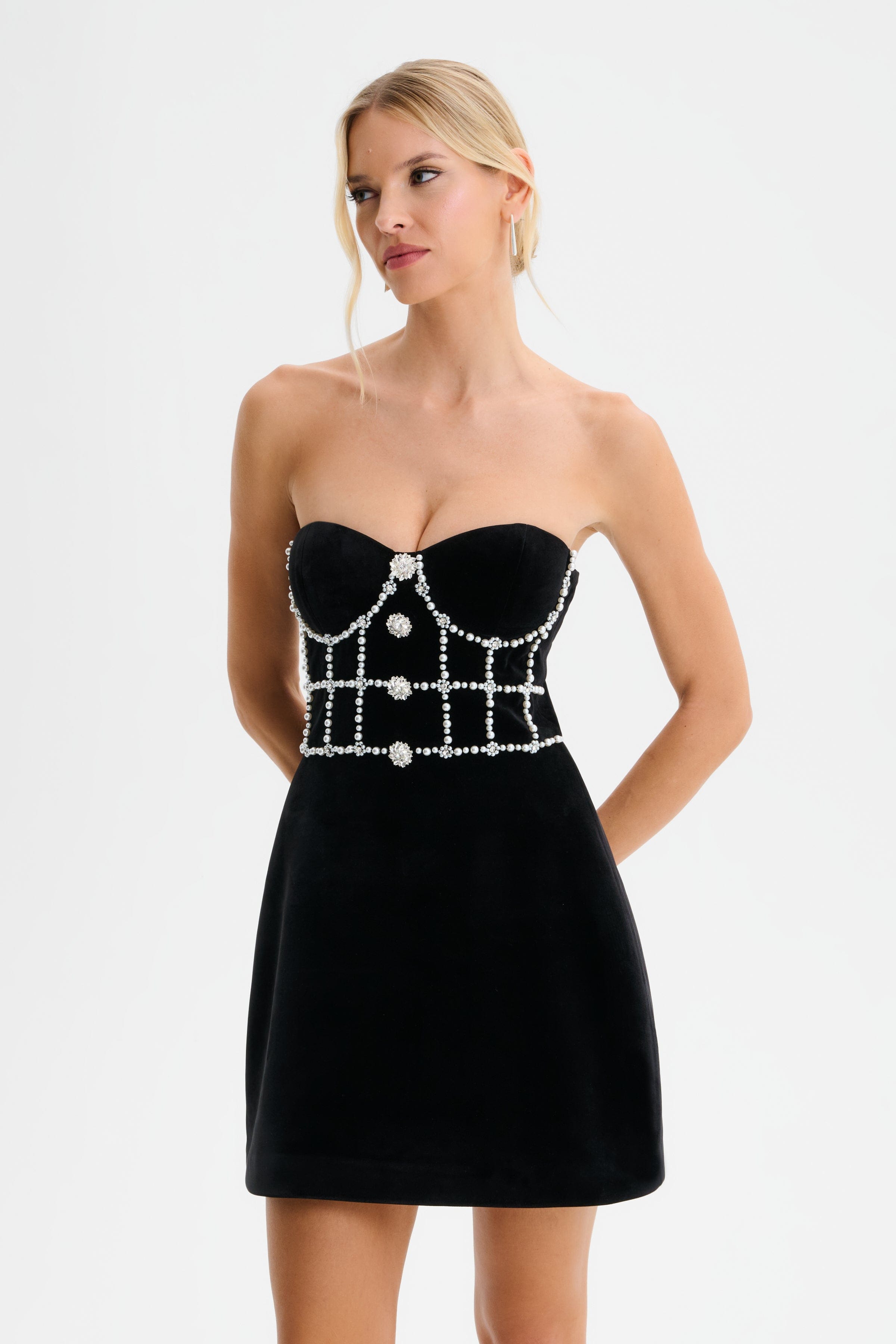 MASIE Pearl Embellished Velvet Tulip Dress in Black