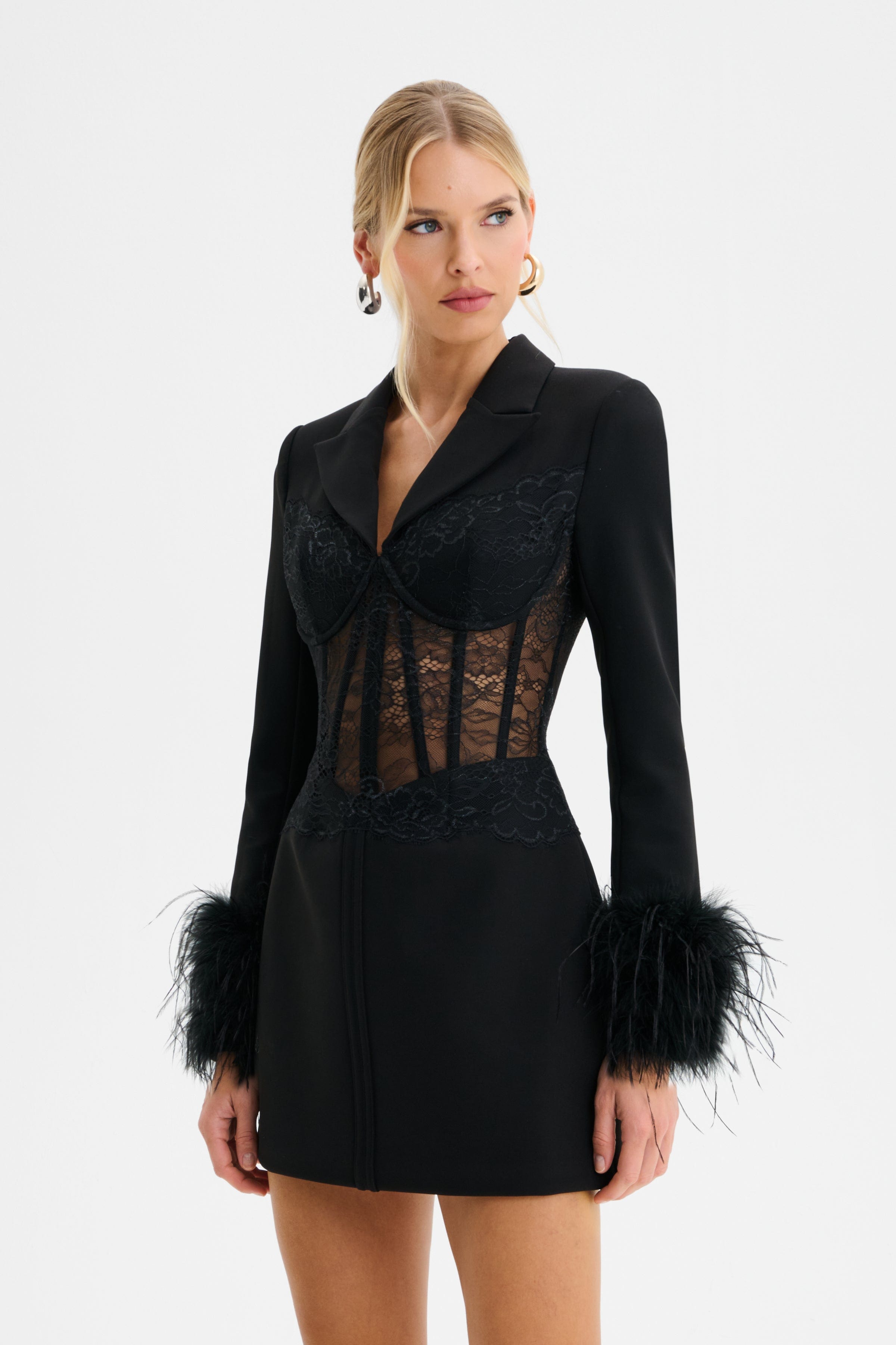 GIA Lace Corset Structured Mini Blazer Dress in Black