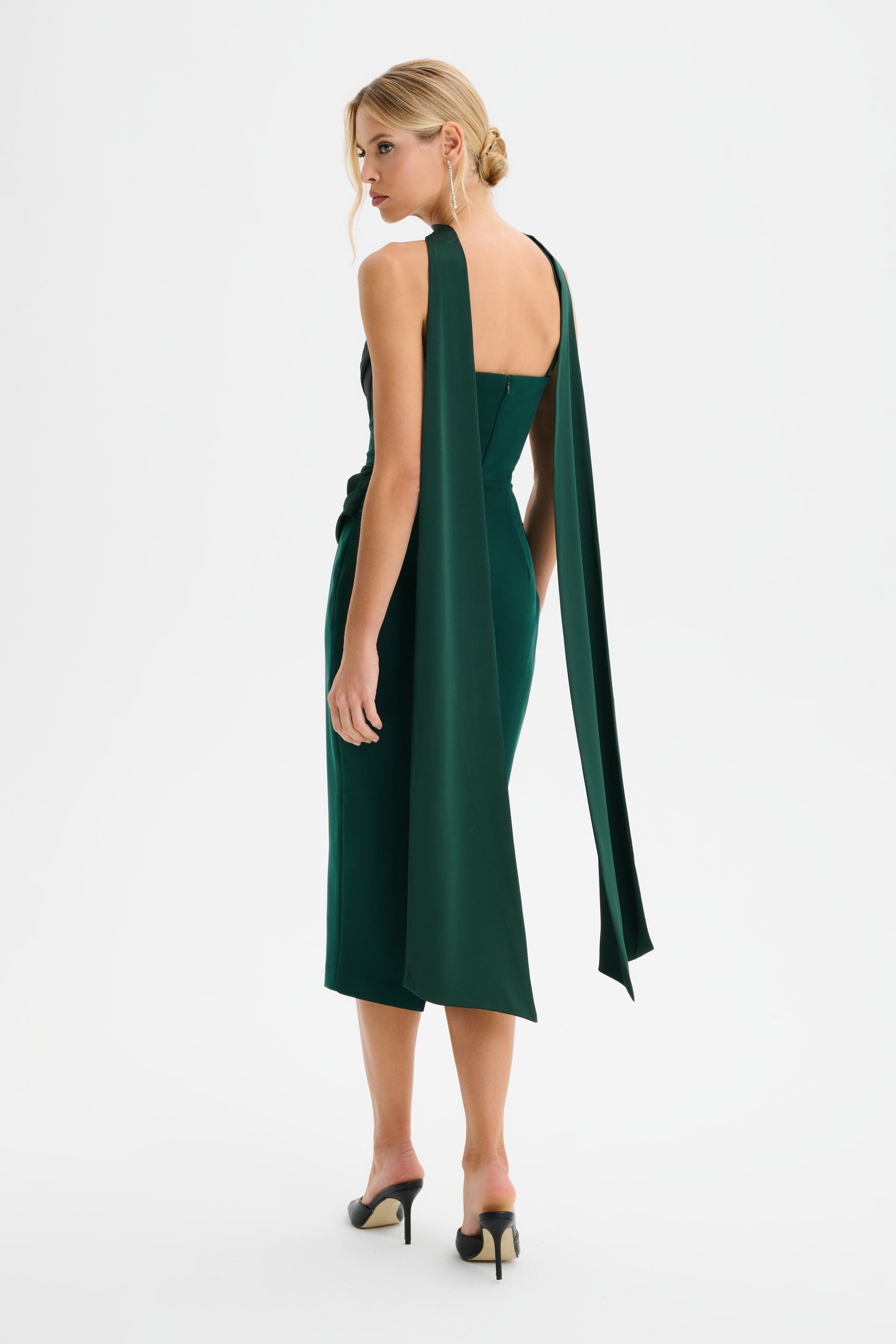 ZENDEYA Satin Draped Corset Midi Dress with Neck Scarf in Emerald Green