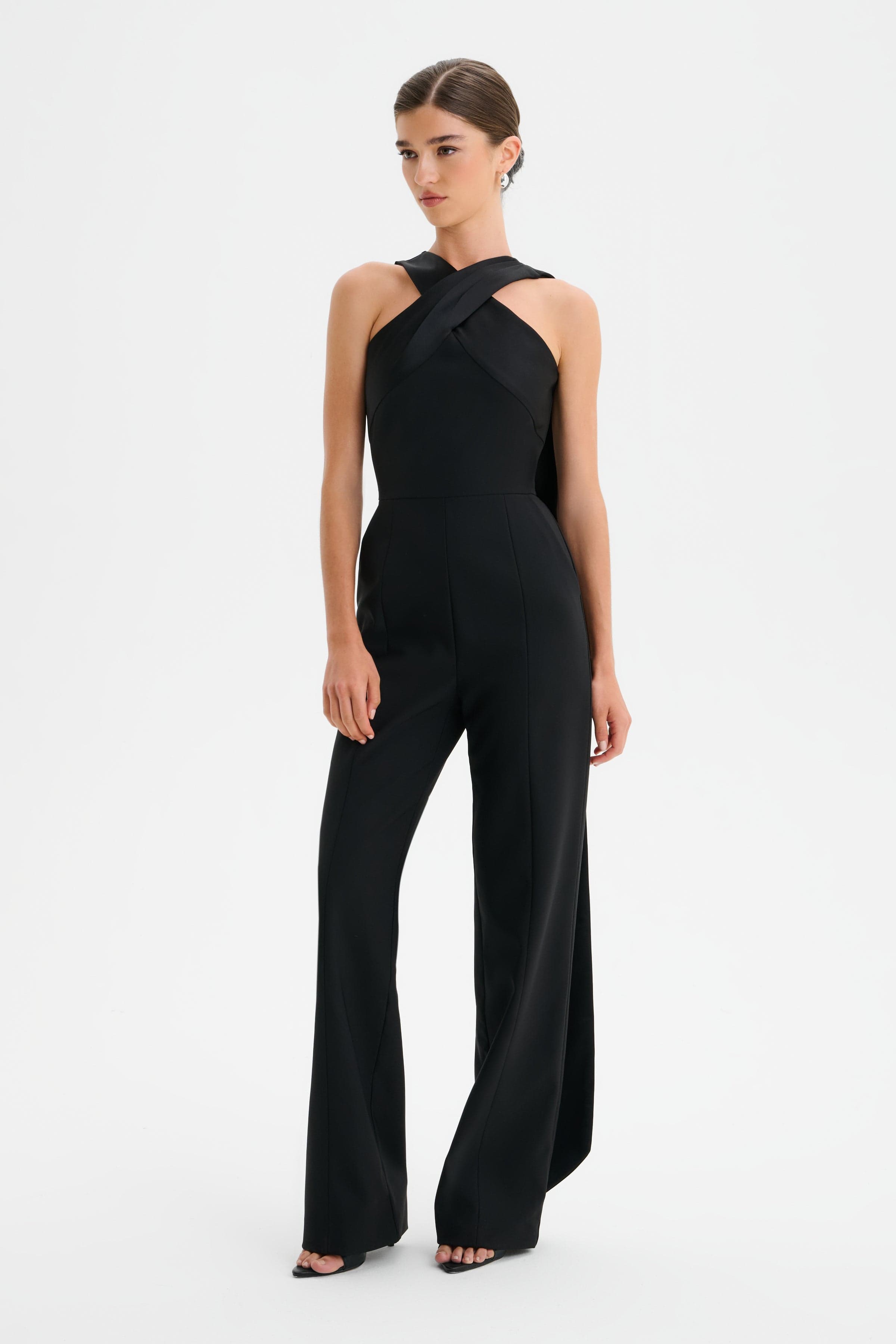 CHANTELLE Cross Neck Straight Leg Jumpsuit with Satin Drape in Black