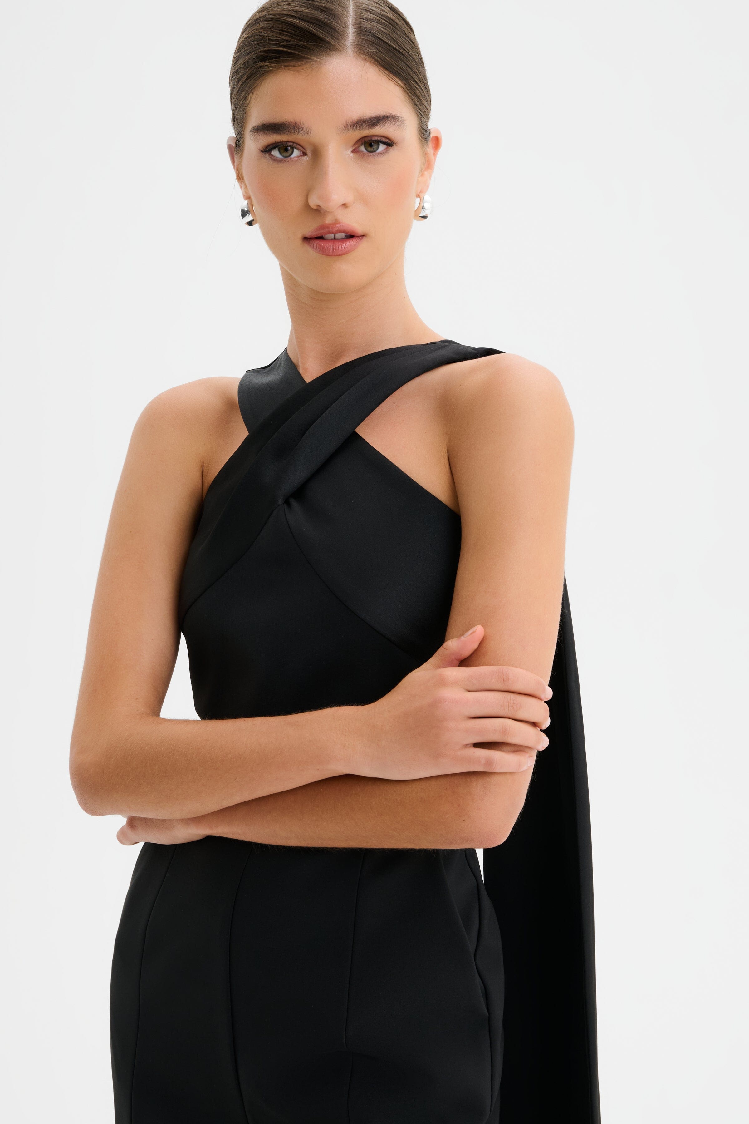 CHANTELLE Cross Neck Straight Leg Jumpsuit with Satin Drape in Black