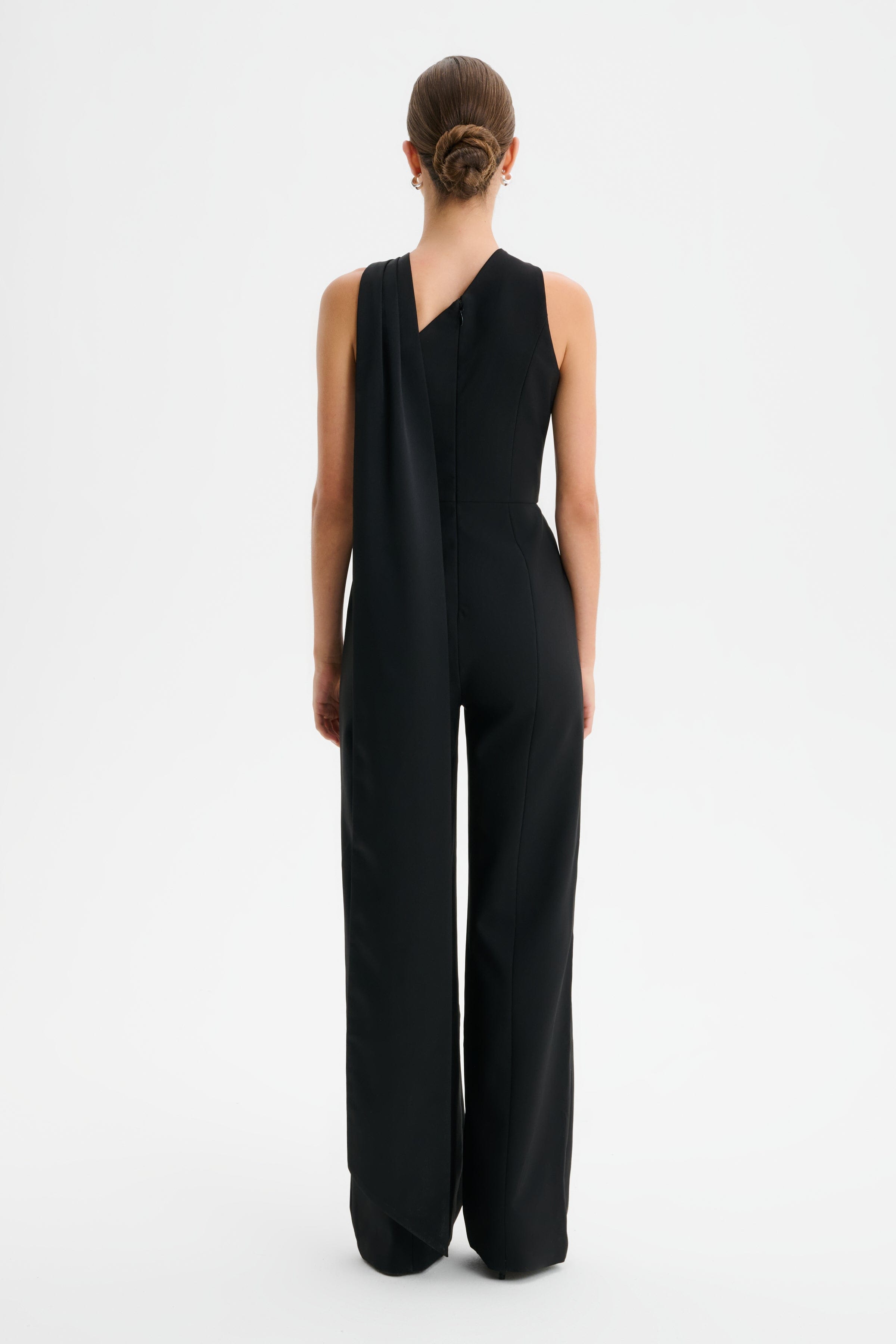 CHANTELLE Cross Neck Straight Leg Jumpsuit with Satin Drape in Black