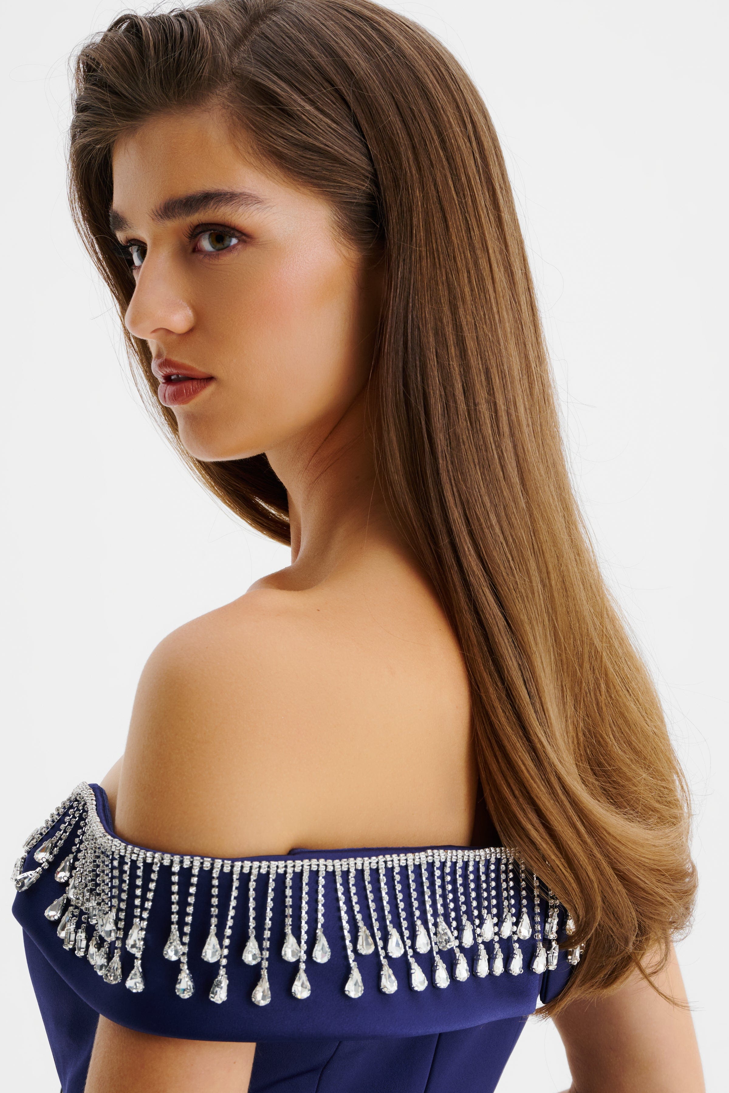 THEA Satin Off Shoulder Mini Dress With Diamante Fringe In Midnight Blue