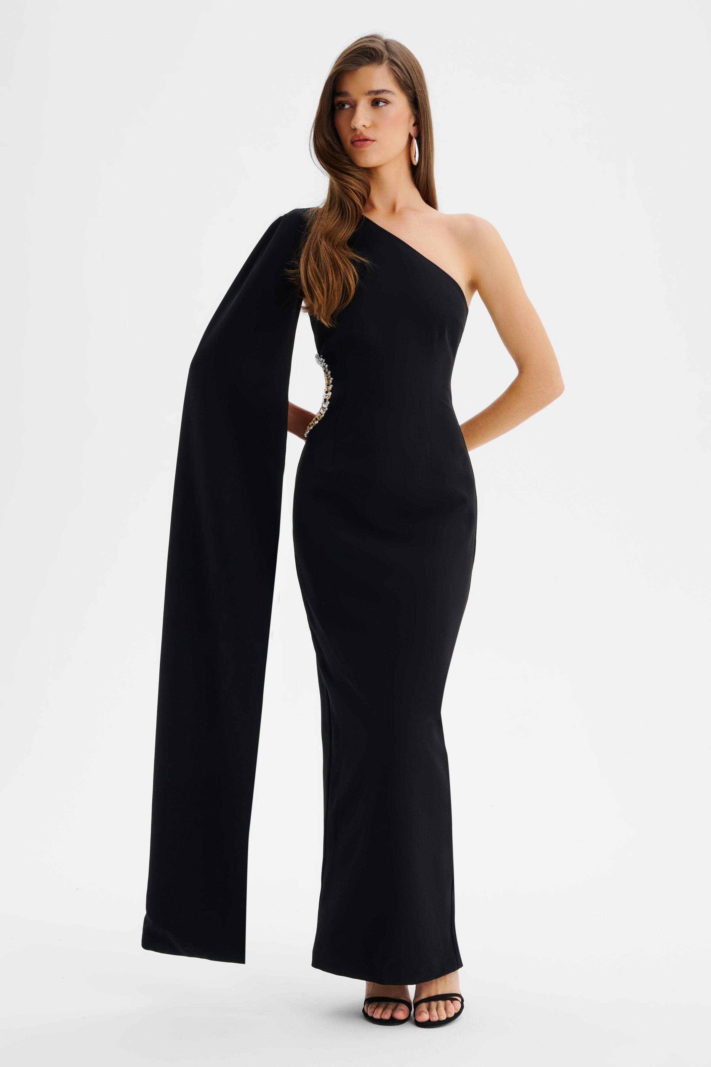 VIVIANA Asymmetric Embellished Cut Out Maxi Cape Dress In Black