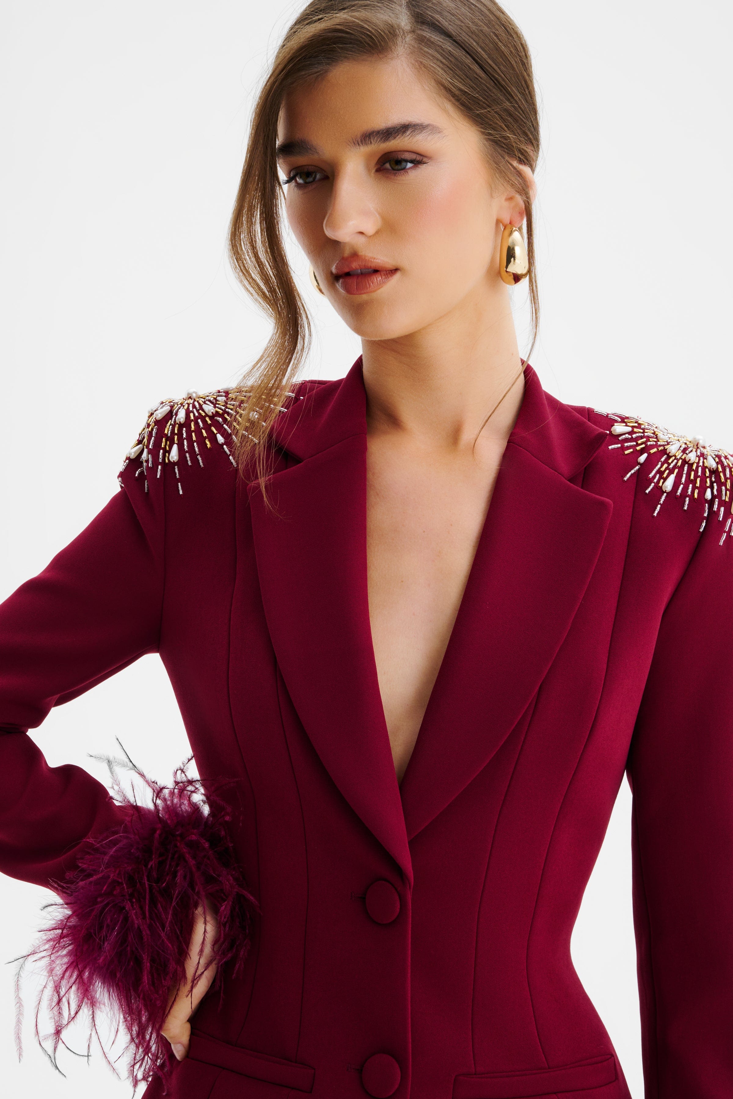 SABRINA Star Hand Embellished Blazer Dress With Feather Cuffs In Burgundy