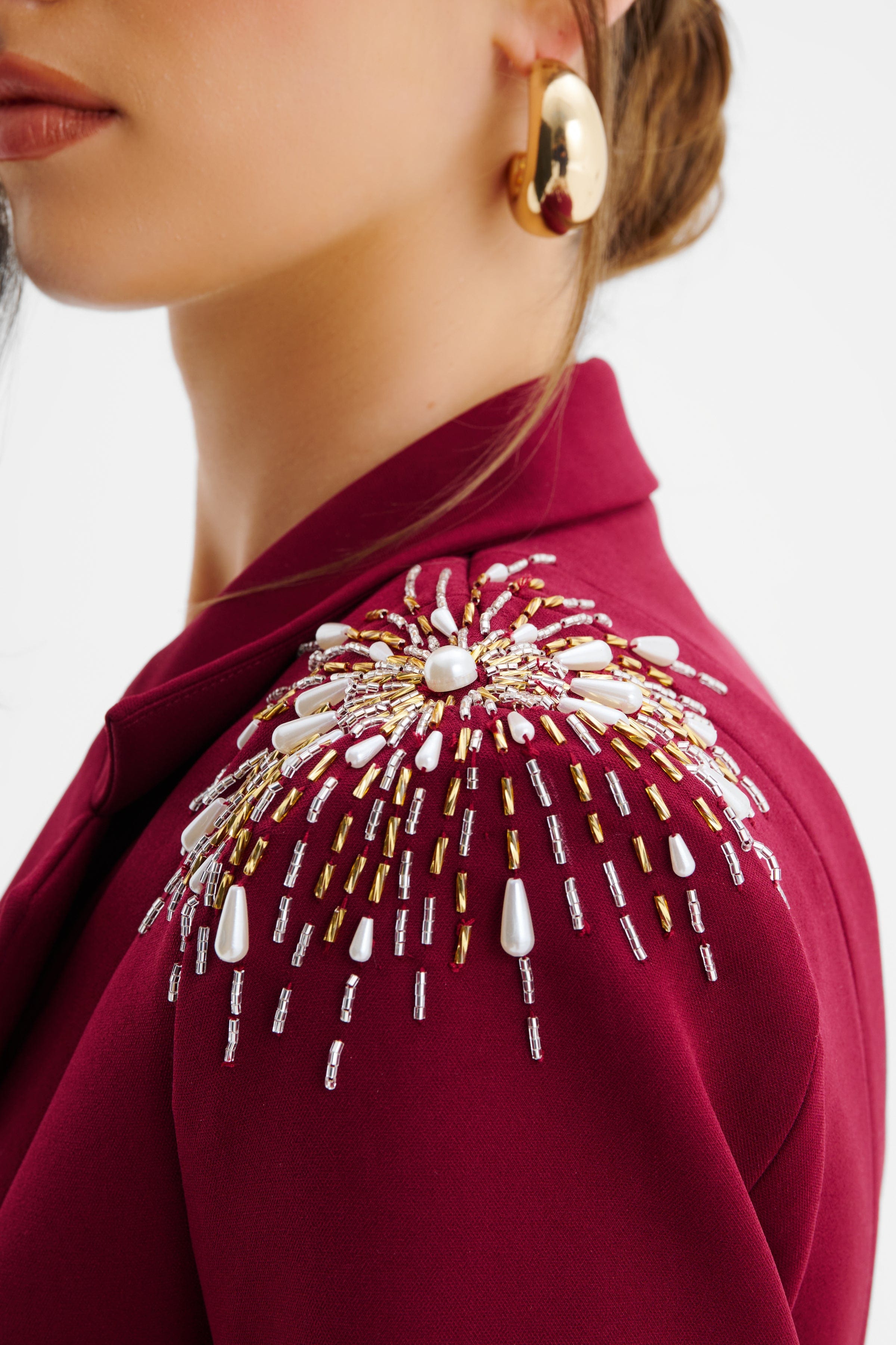 SABRINA Star Hand Embellished Blazer Dress With Feather Cuffs In Burgundy