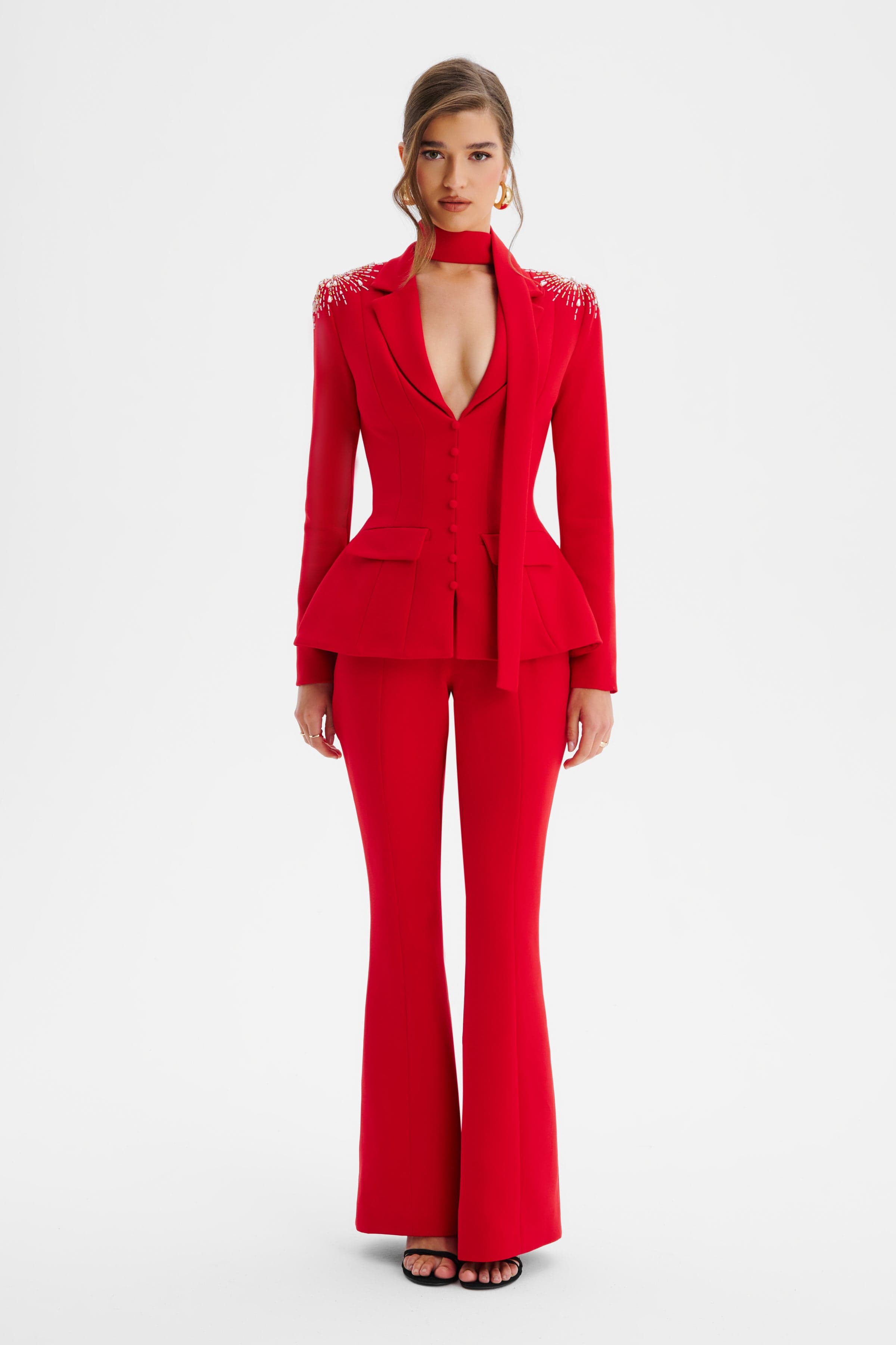 THALIA Shoulder Hand Embellished Sculptured Blazer Jumpsuit In Red