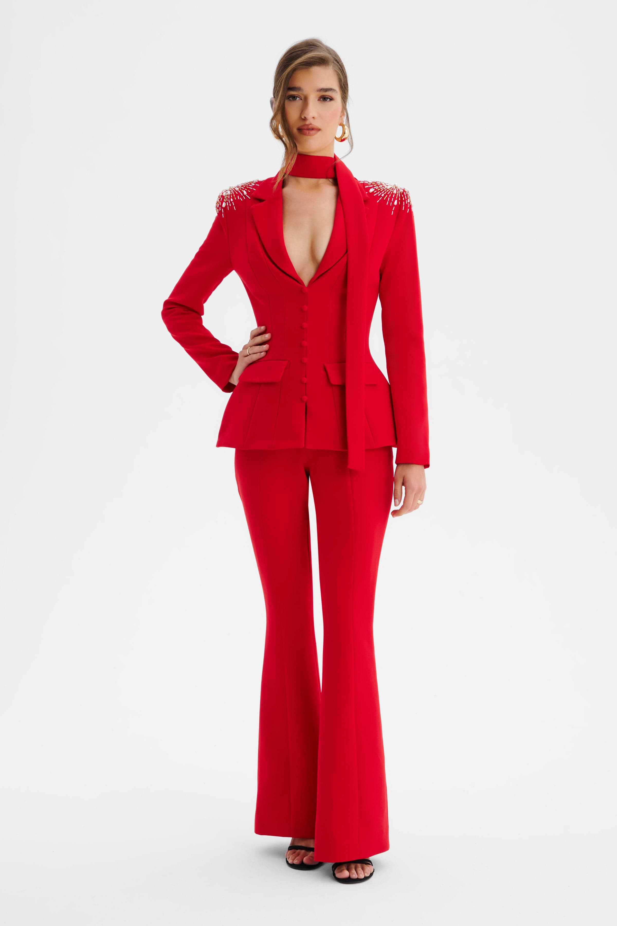 THALIA Shoulder Hand Embellished Sculptured Blazer Jumpsuit In Red
