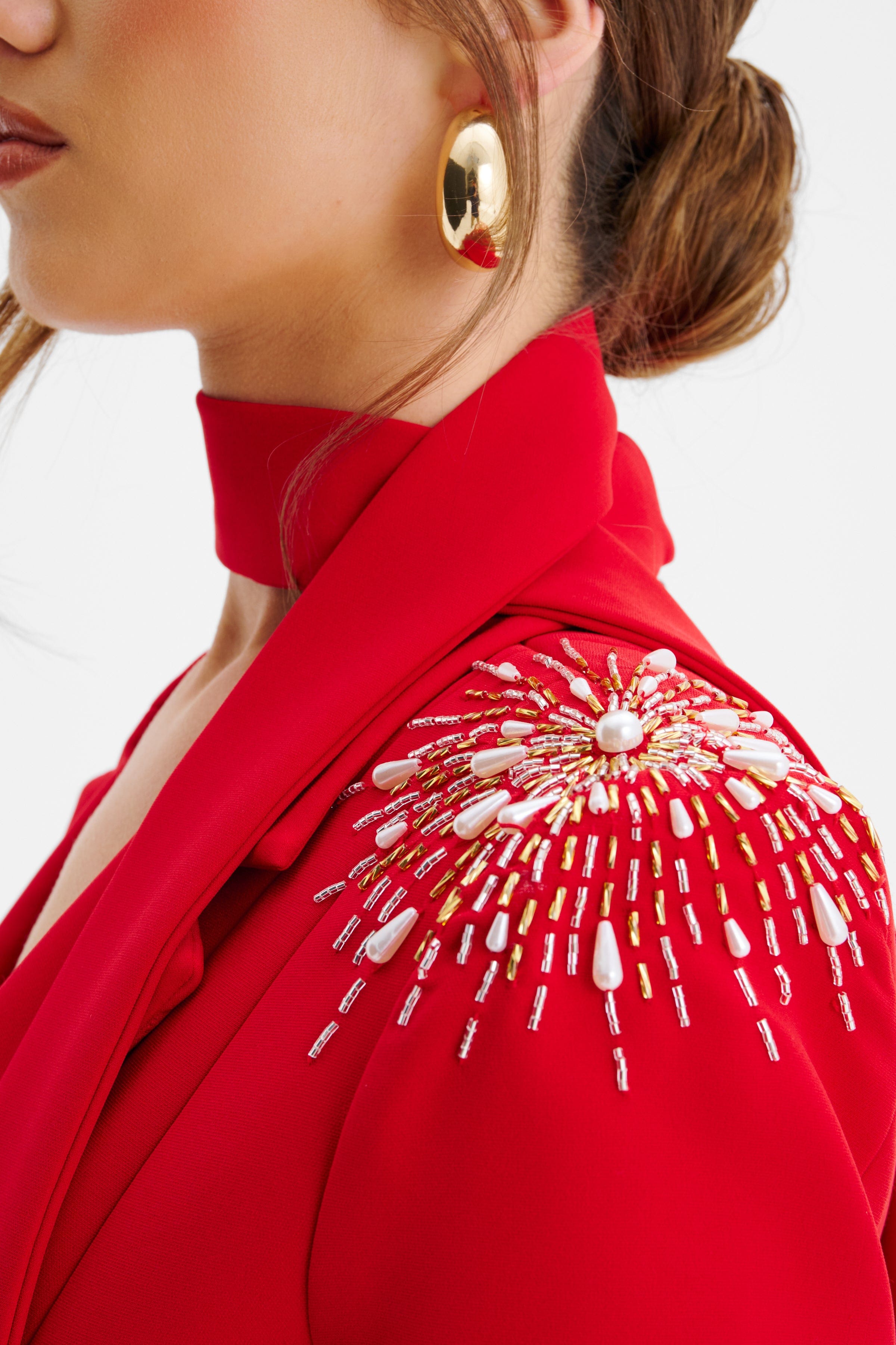 THALIA Shoulder Hand Embellished Sculptured Blazer Jumpsuit In Red