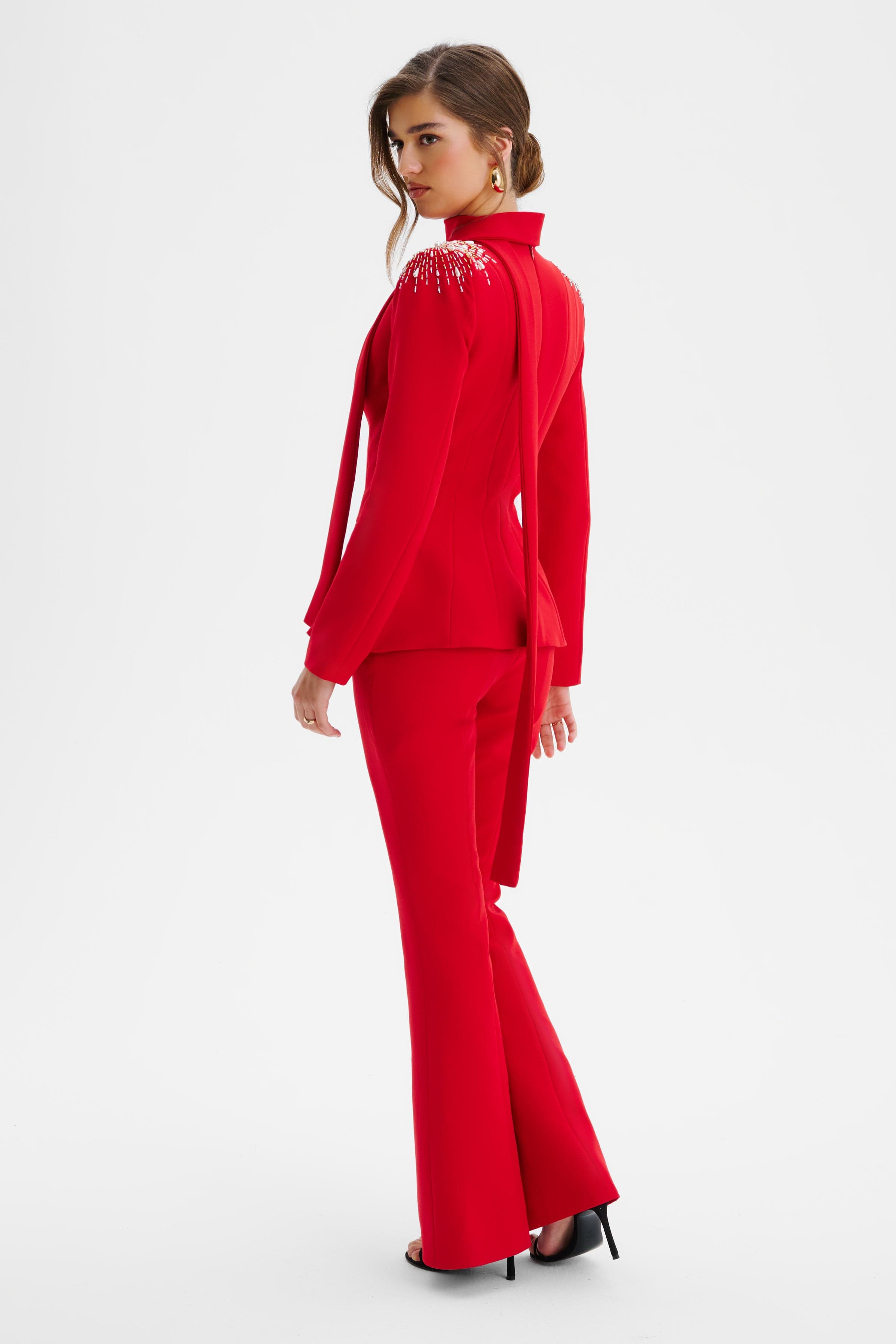 THALIA Shoulder Hand Embellished Sculptured Blazer Jumpsuit In Red