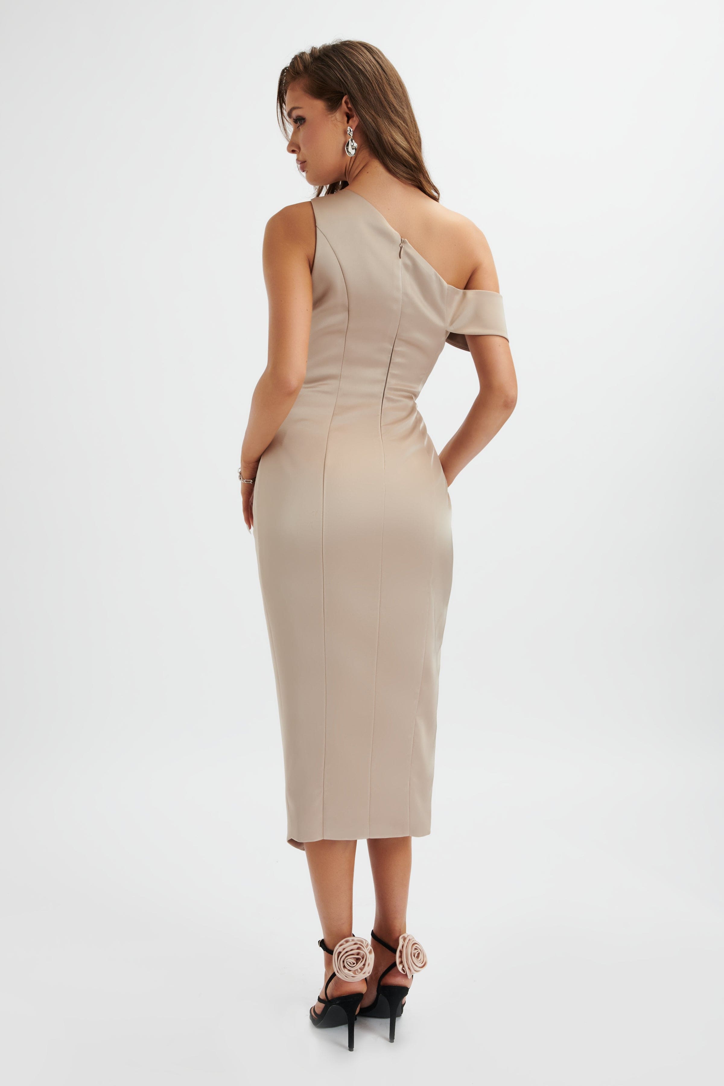 BAMBI Asymmetric Pleated Satin Midi Dress in Champagne