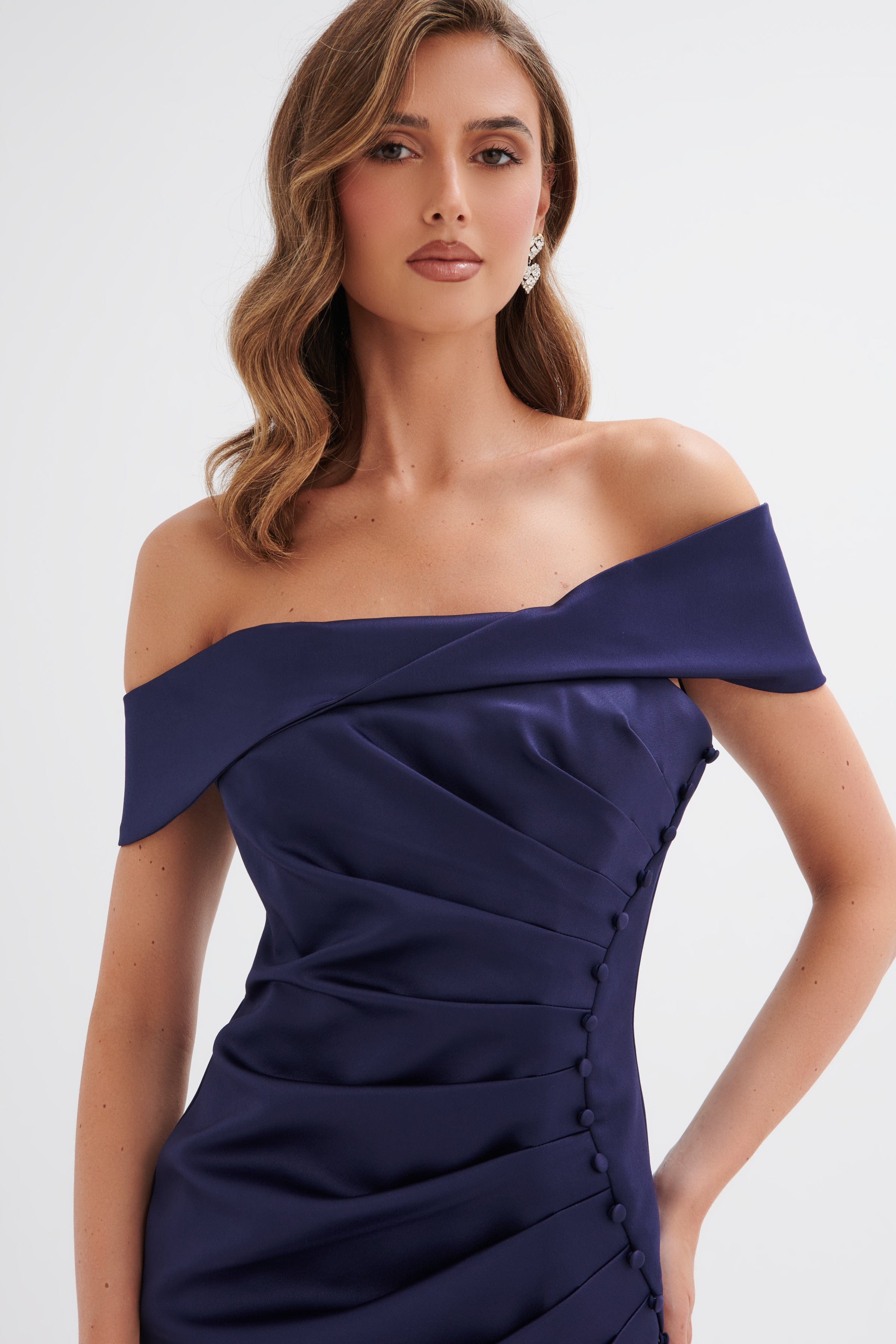 LUCILLE Twist Bardot Pleated Midi Dress in Navy