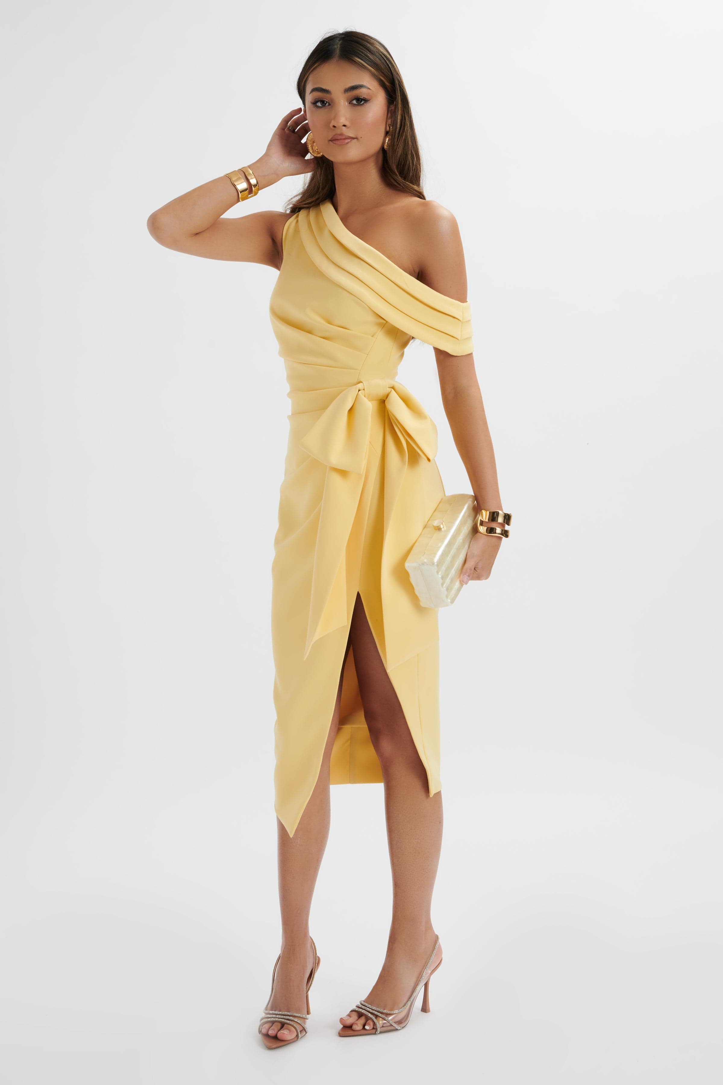 HONEY Asymmetric Pleated Bow Midi Dress In Pastel Yellow