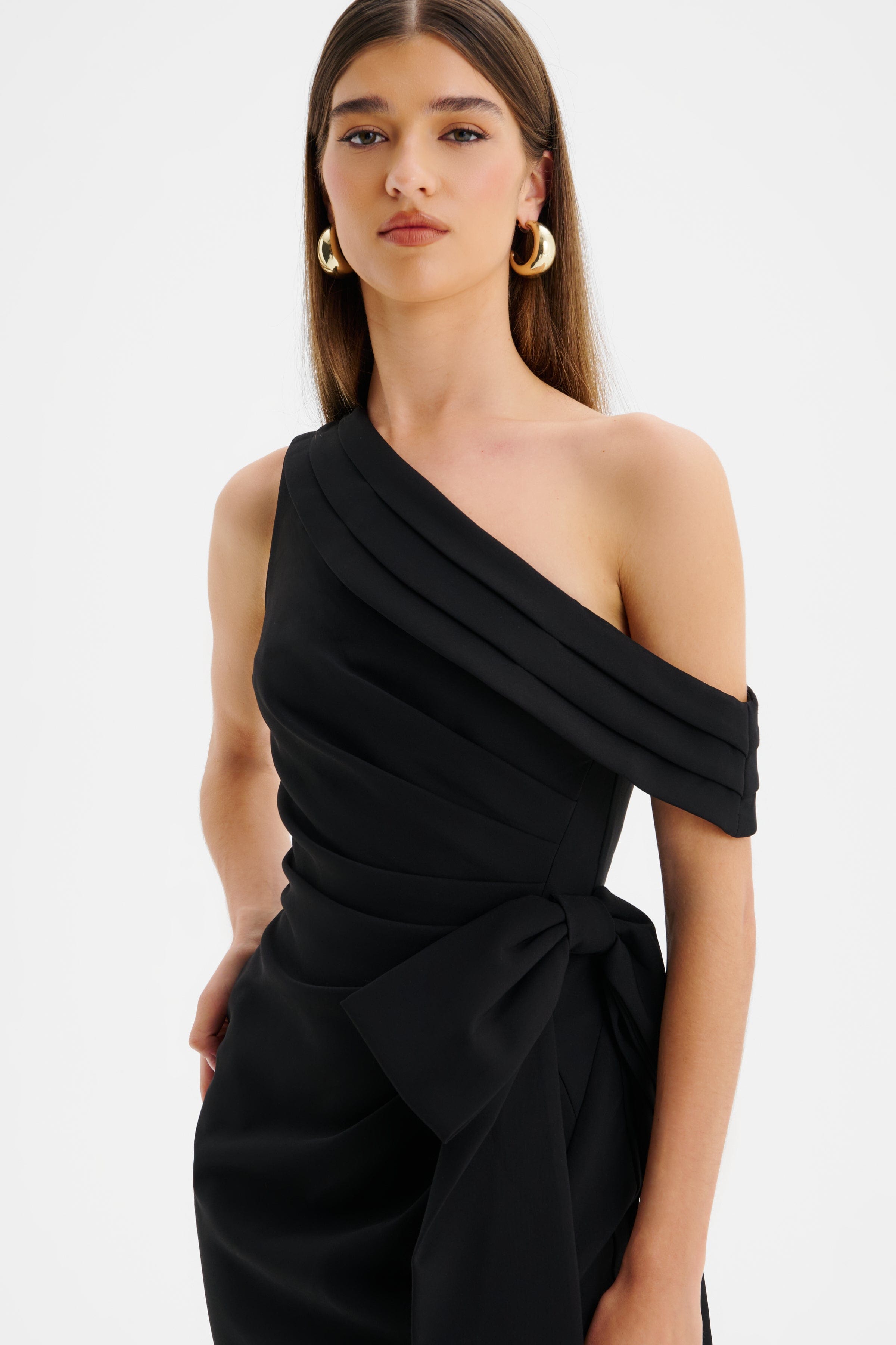 HONEY One Shoulder Pleated Bow Midi Dress in Black