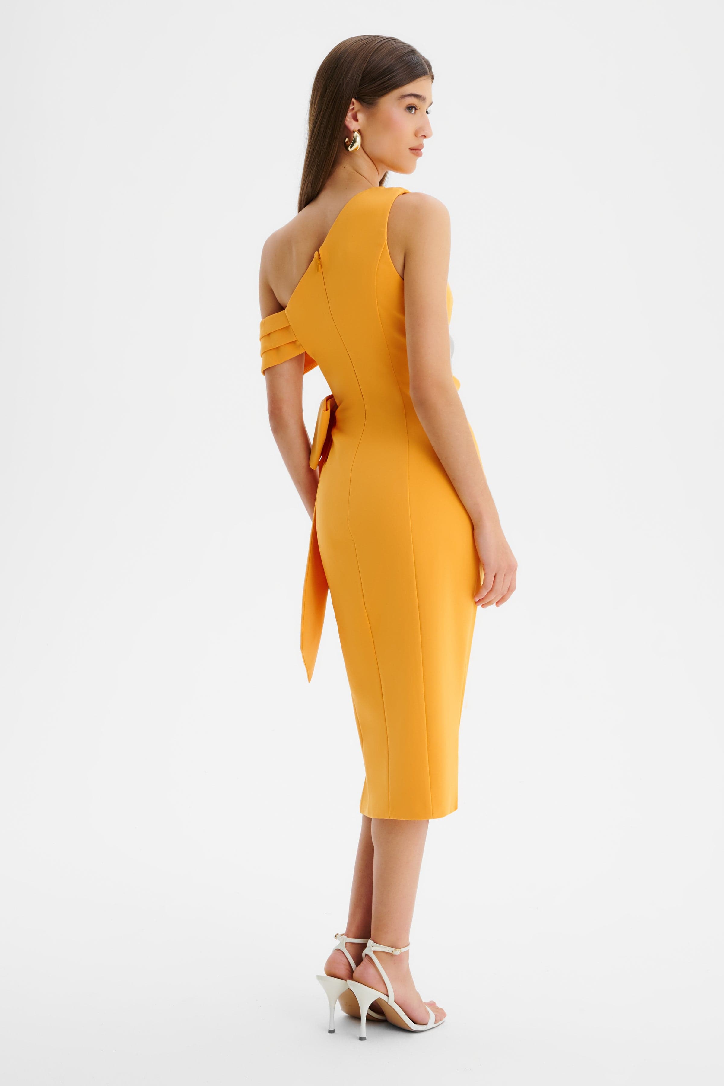 HONEY One Shoulder Pleated Bow Midi Dress in Orange